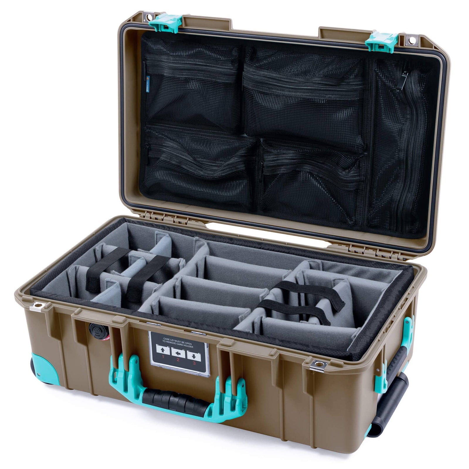 Pelican 1535 Air Case, Dark Desert Dirt with Teal Handles, Latches & Trolley Gray Padded Microfiber Dividers with Mesh Lid Organizer ColorCase 015350-0170-580-591-590