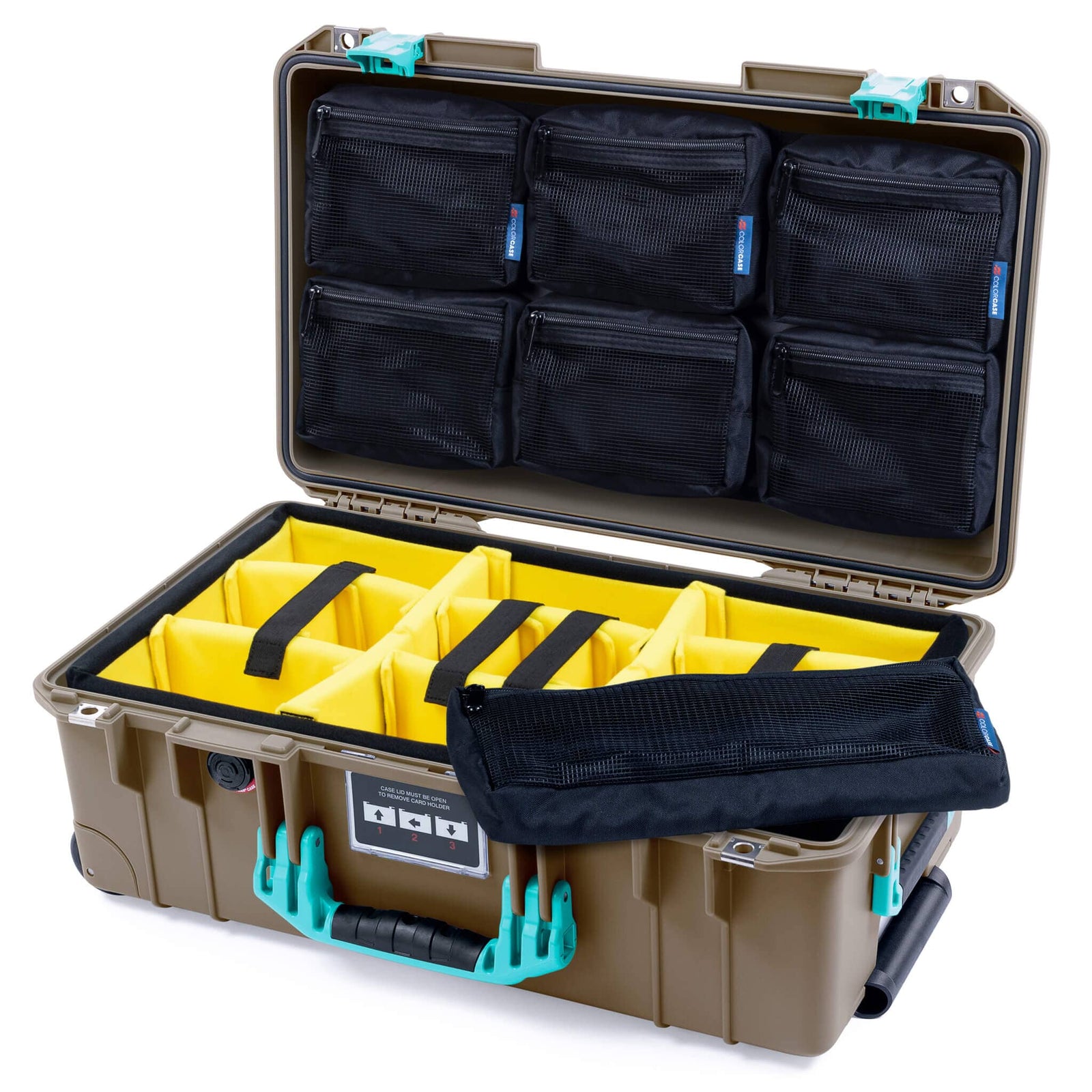 Pelican 1535 Air Case, Dark Desert Dirt with Teal Handles & Latches Yellow Padded Microfiber Dividers with 7-Piece Removable Mesh Pouches ColorCase 015350-0710-580-591