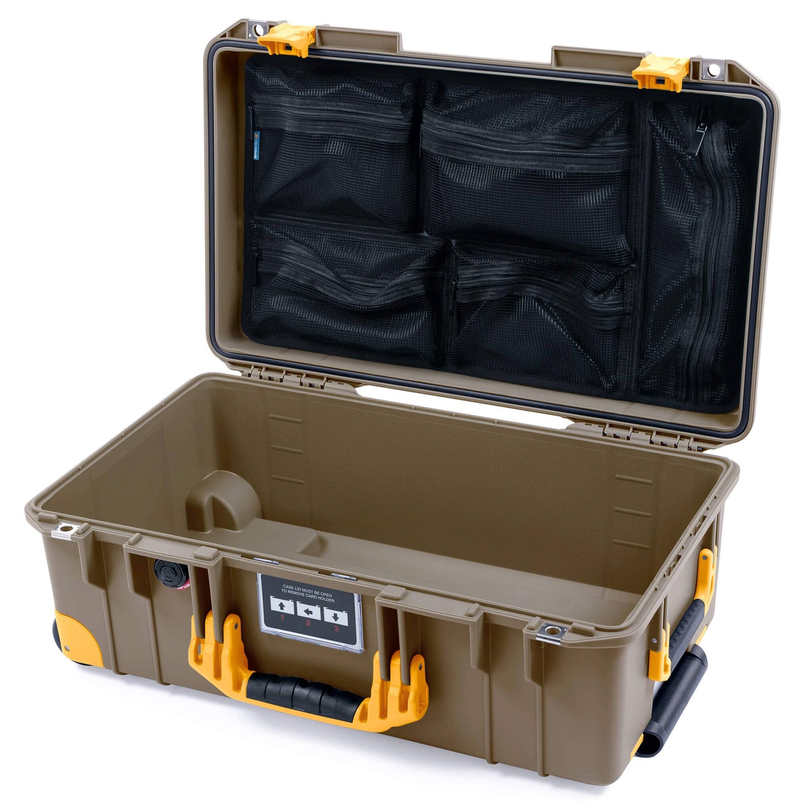 Pelican 1535 Air Case, Dark Desert Dirt with Yellow Handles, Latches & Trolley Mesh Lid Organizer Only ColorCase 015350-0100-580-241-240