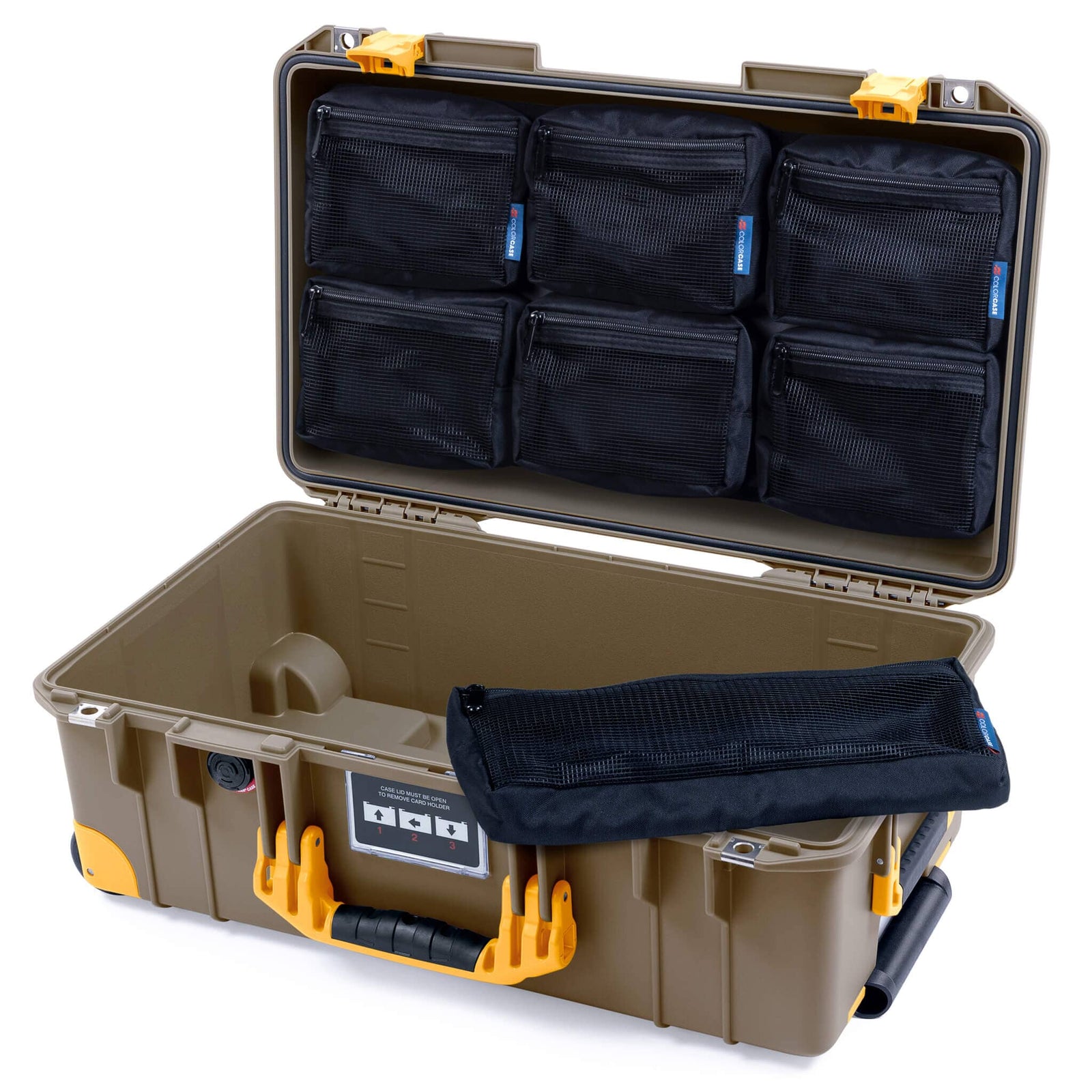Pelican 1535 Air Case in Dark Desert Dirt and Yellow Trolley, Come With 7-Piece Removable Mesh Pouches Only