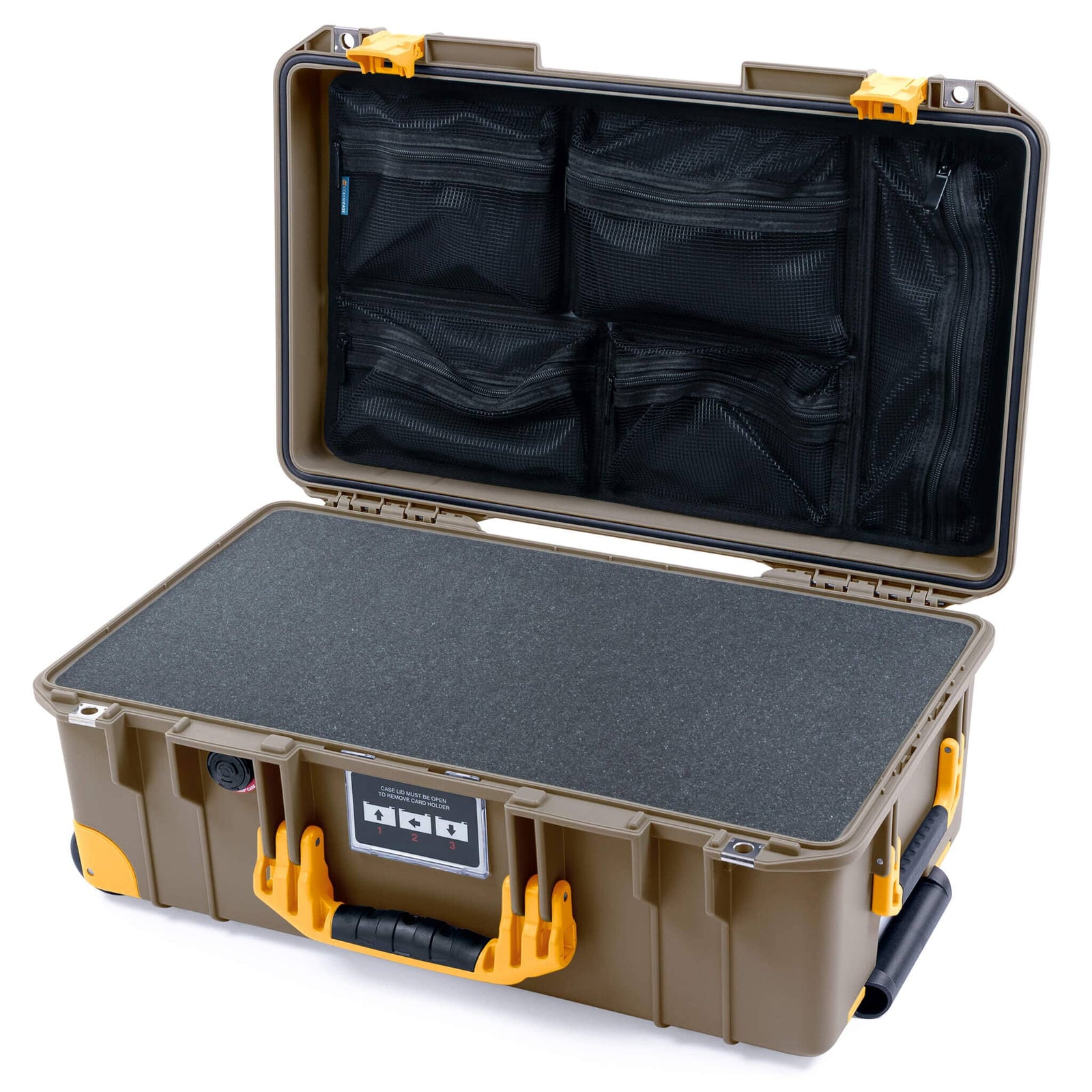 Pelican 1535 Air Case in Dark Desert Dirt and Yellow Trolley, Come With Pick & Pluck Foam / Mesh Lid Organizer