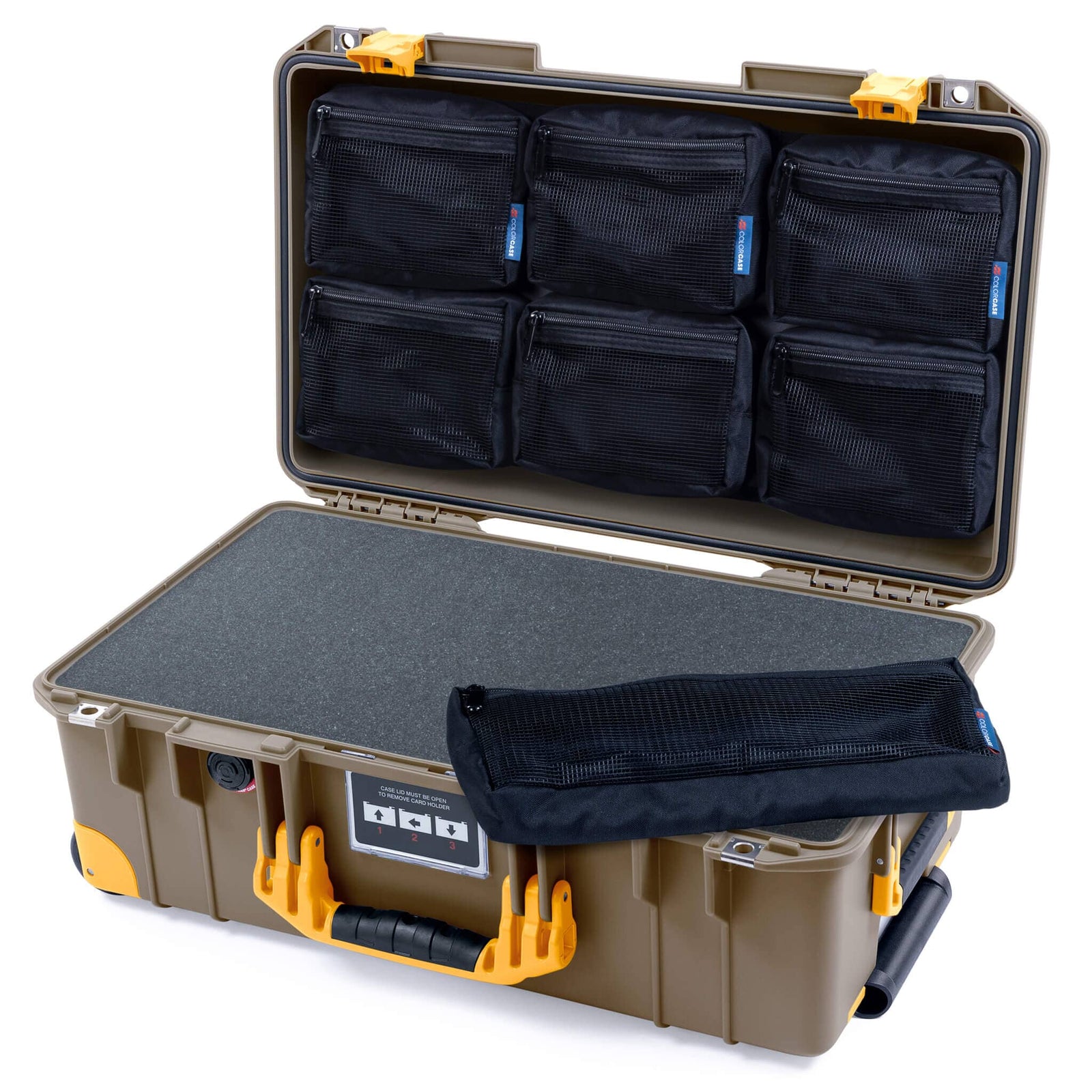 Pelican 1535 Air Case, Dark Desert Dirt with Yellow Handles, Latches & Trolley Pick & Pluck Foam with 7-Piece Removable Mesh Pouches ColorCase 015350-0701-580-241-240