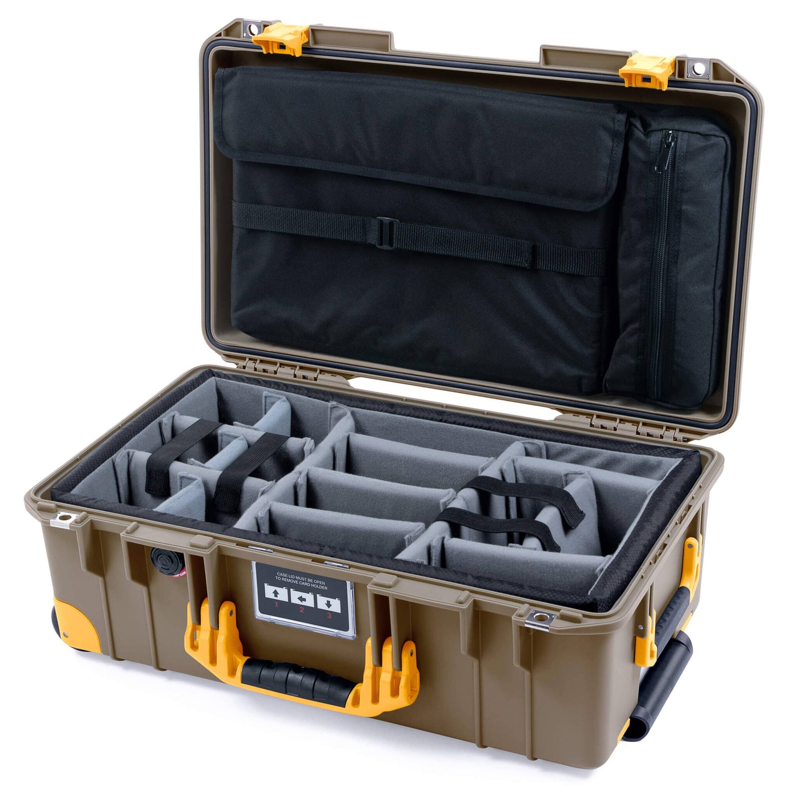 Pelican 1535 Air Case in Dark Desert Dirt and Yellow Trolley, Come With Padded Microfiber Dividers / Computer Lid Pouch