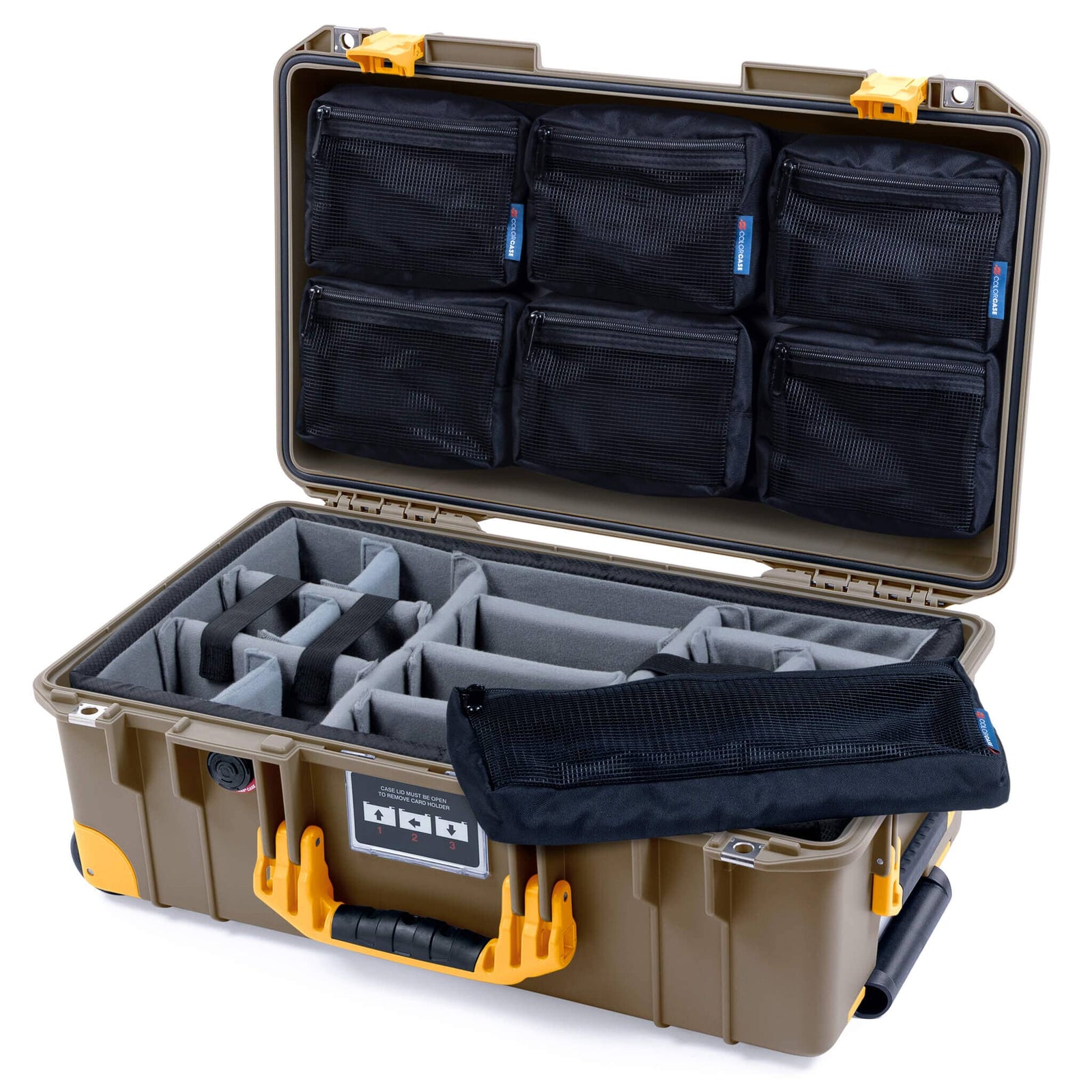 Pelican 1535 Air Case, Dark Desert Dirt with Yellow Handles, Latches & Trolley Gray Padded Microfiber Dividers with 7-Piece Removable Mesh Pouches ColorCase 015350-0770-580-241-240