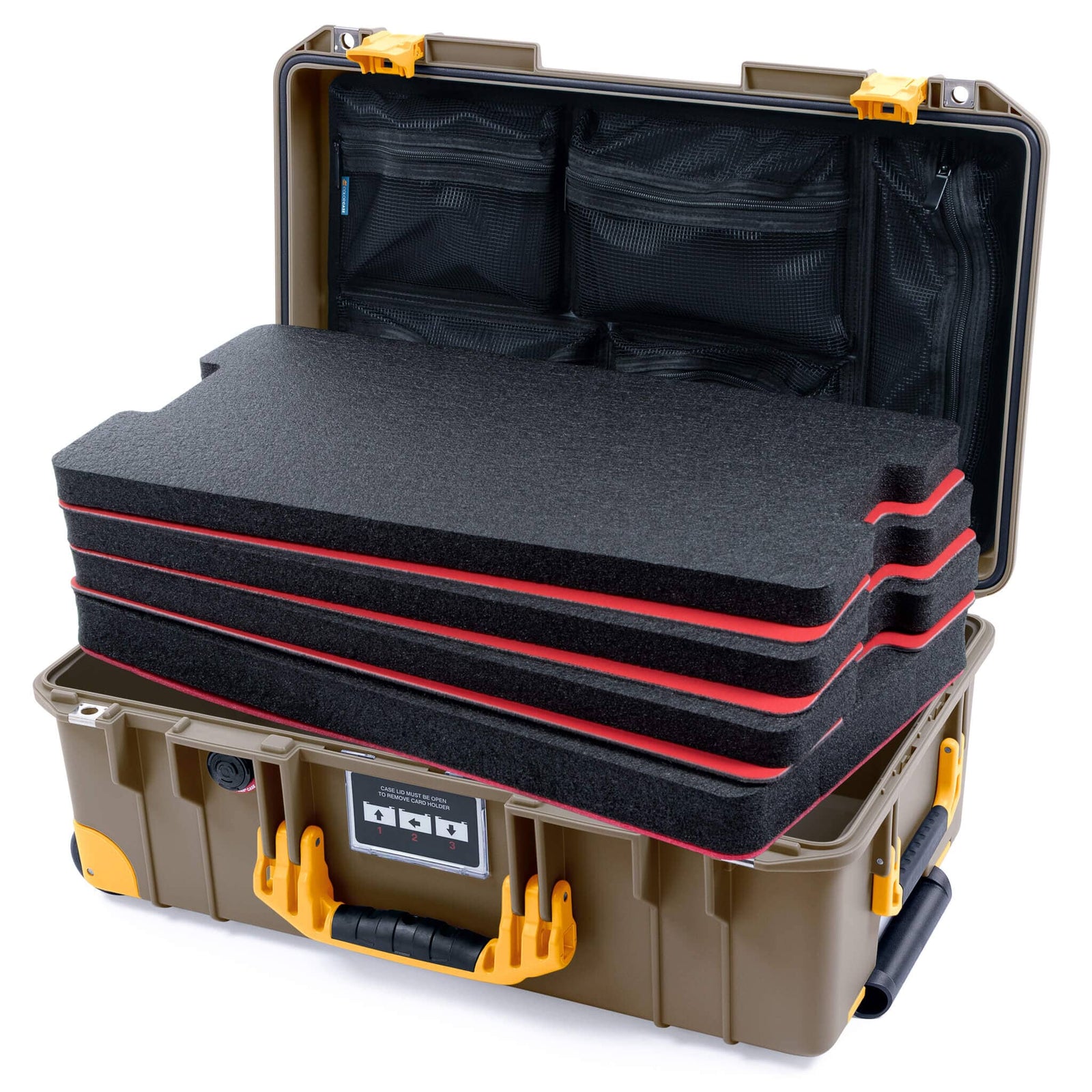 Pelican 1535 Air Case, Dark Desert Dirt with Yellow Handles, Latches & Trolley Custom Tool Kit (4 Foam Inserts with Mesh Lid Organizer) ColorCase 015350-0160-580-241-240