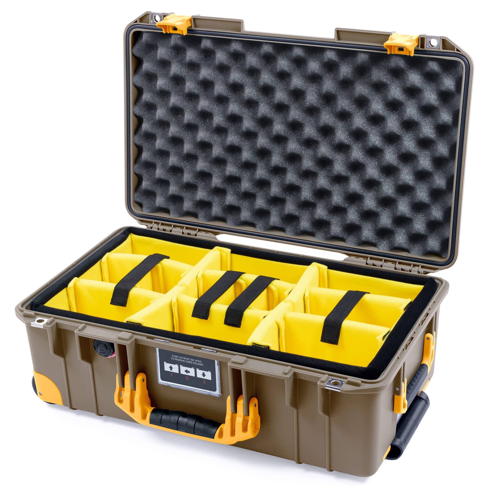 Pelican 1535 Air Case in Dark Desert Dirt and Yellow Trolley - Yellow Padded Microfiber Dividers / Convoluted Lid Foam