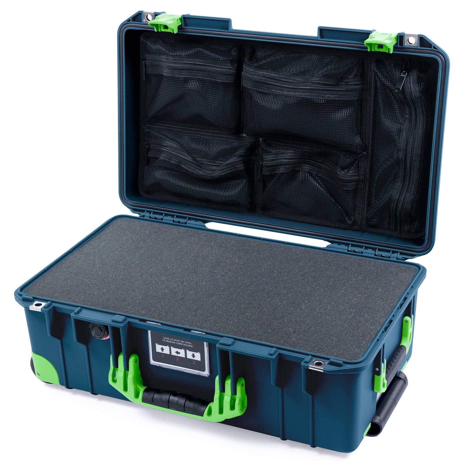 Pelican 1535 Air Carry - on Case - Deep Pacific & Lime Green Trolley - Pick & Pluck Foam / Mesh Lid Organizer