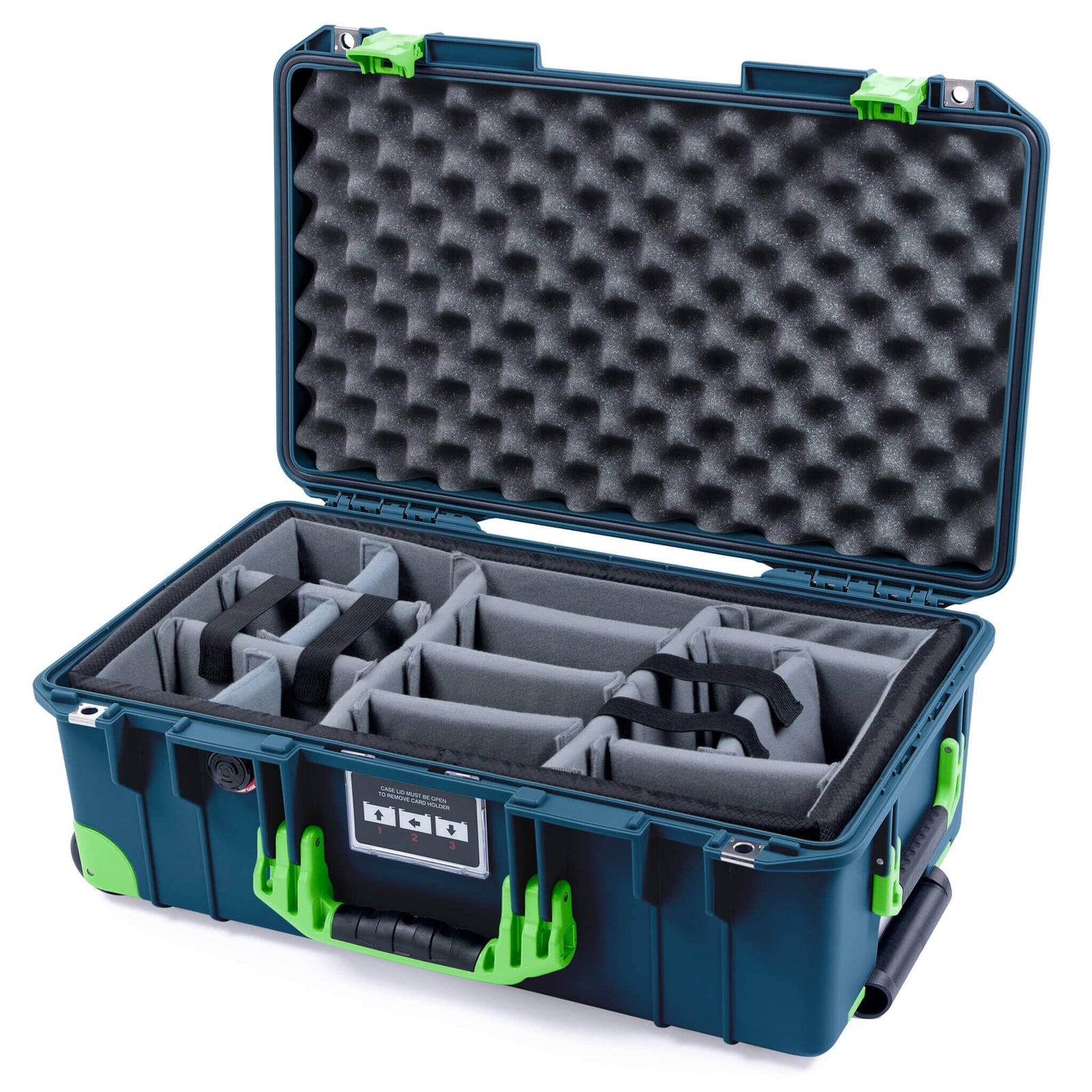 Pelican 1535 Air Carry - on Case - Deep Pacific & Lime Green Trolley - Padded Microfiber Dividers / Convolute Lid Foam