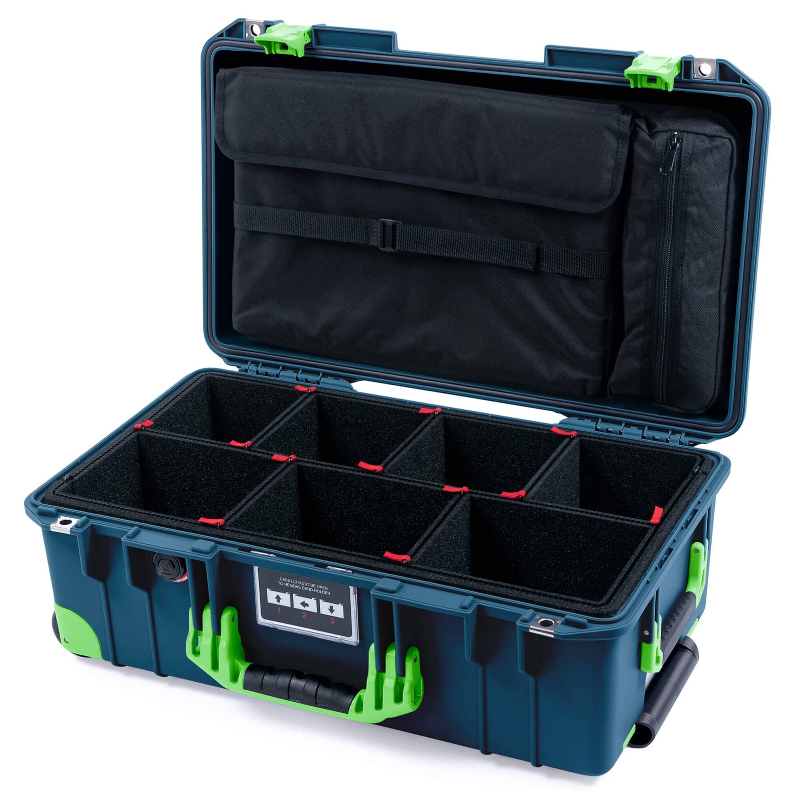 Pelican 1535 Air Carry - on Case - Deep Pacific & Lime Green Trolley - TrekPak Divider System / Computer Lid Pouch