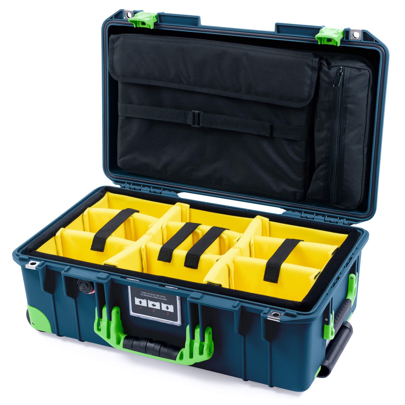 Pelican 1535 Air Carry - on Case - Deep Pacific & Lime Green Trolley - Yellow Padded Microfiber Dividers / Computer Lid Pouch