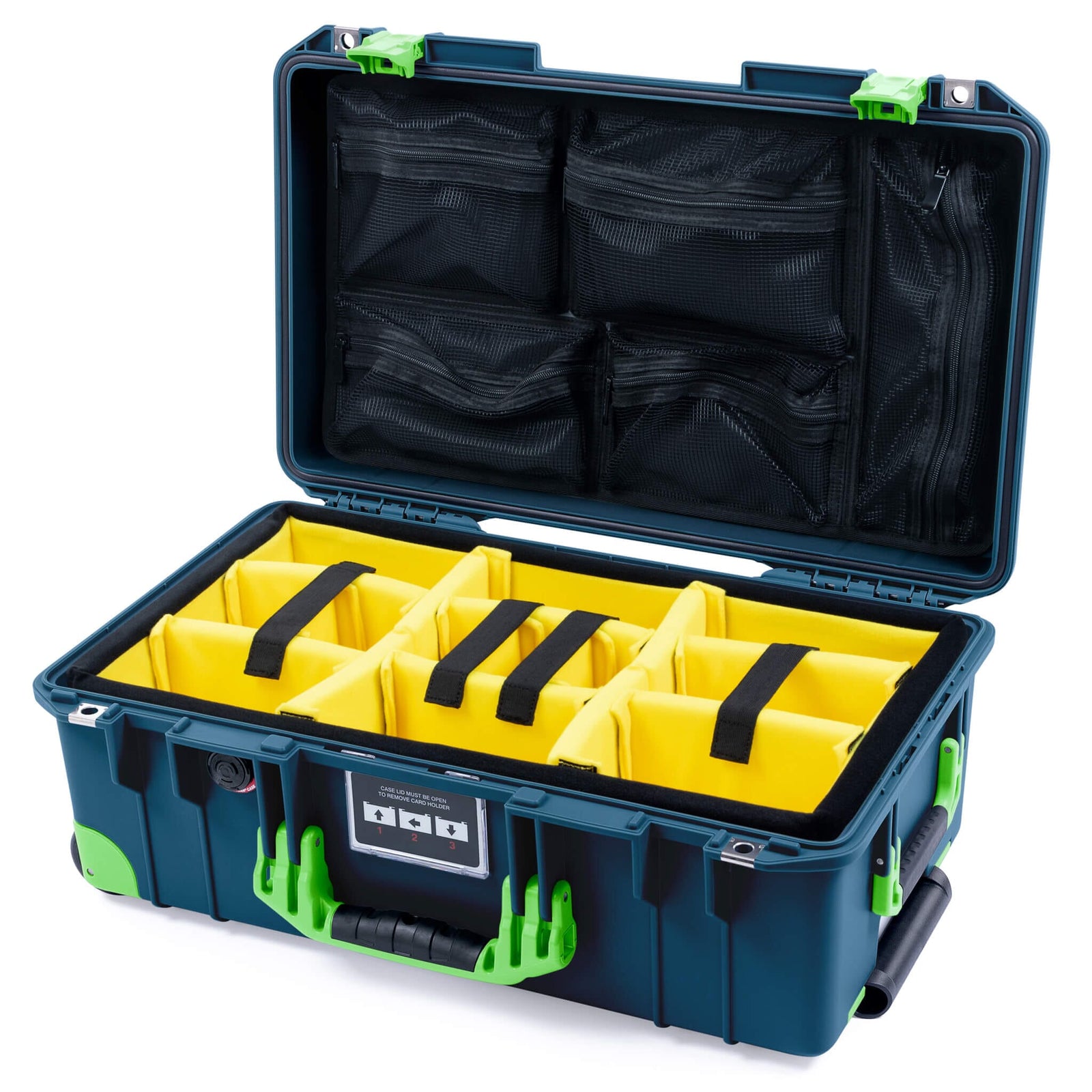 Pelican 1535 Air Carry - on Case - Deep Pacific & Lime Green Trolley - Yellow Padded Microfiber Dividers / Mesh Lid Organizer