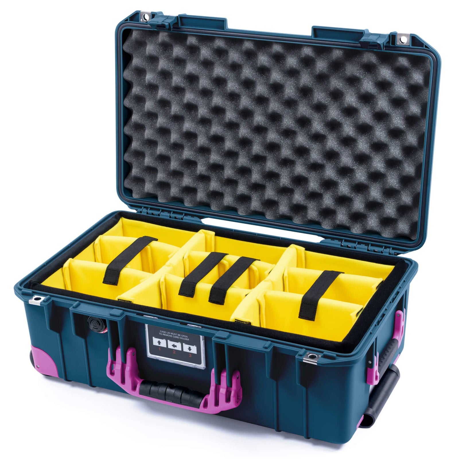 Pelican 1535 Air Carry-on Case - Deep Pacific & Magenta Trolley - Yellow Padded Microfiber Dividers / Convoluted Lid Foam