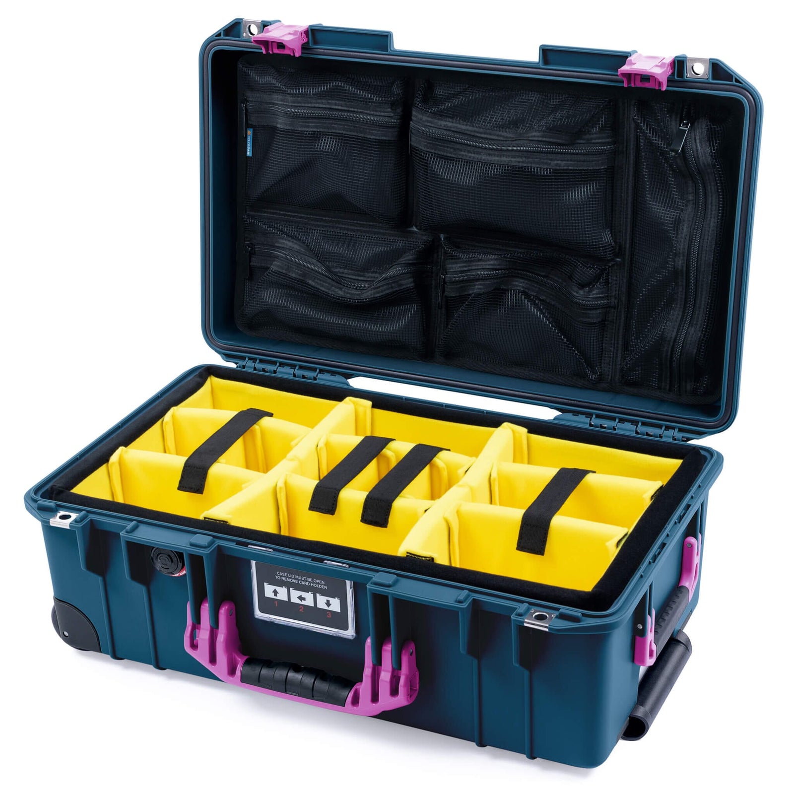 Pelican 1535 Air Case, Deep Pacific with Magenta Handles & Latches Yellow Padded Microfiber Dividers with Mesh Lid Organizer ColorCase 015350-0110-550-401