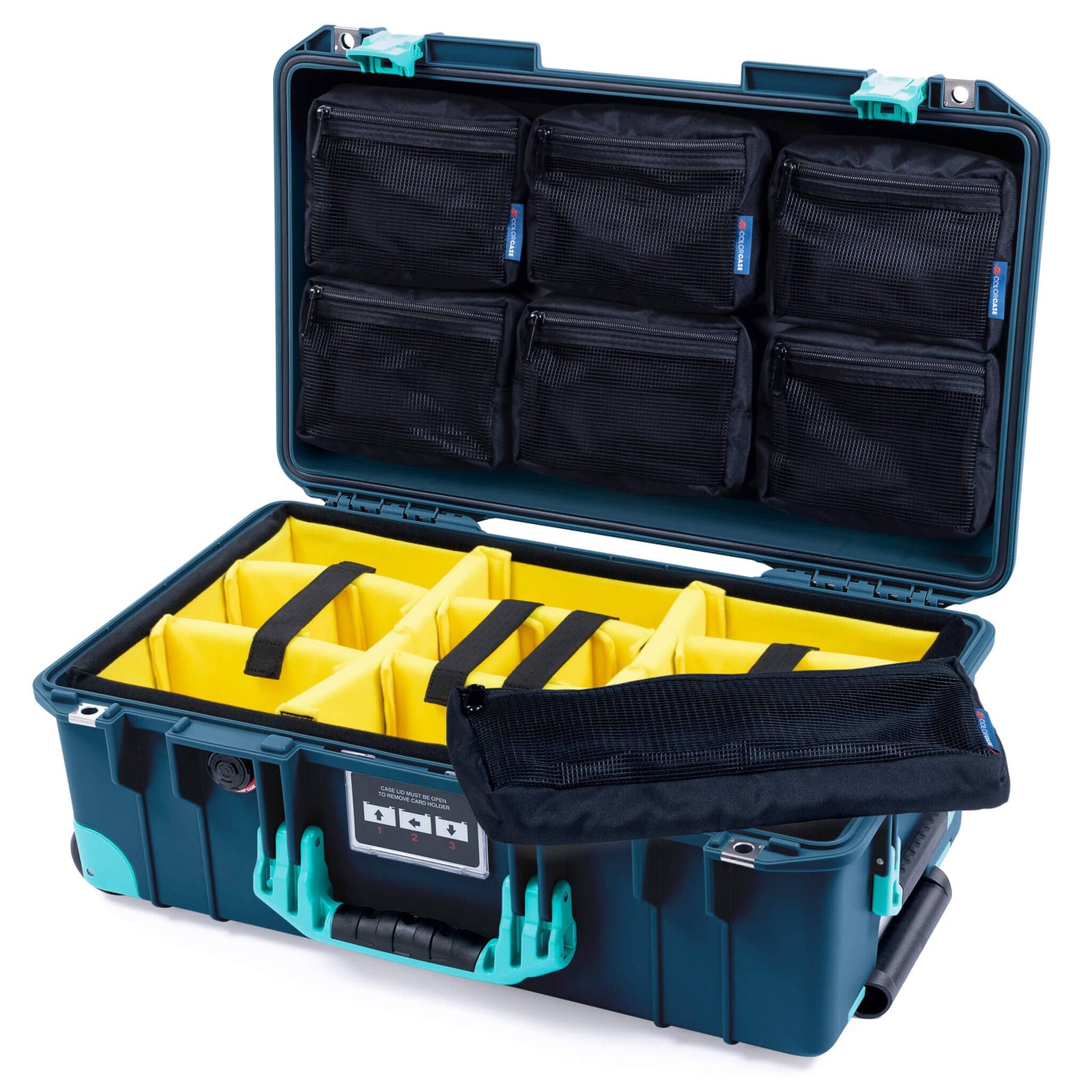 Pelican 1535 Air Case, Deep Pacific with Teal Handles, Latches & Trolley Yellow Padded Microfiber Dividers with 7-Piece Removable Mesh Pouches ColorCase 015350-0710-550-591-590