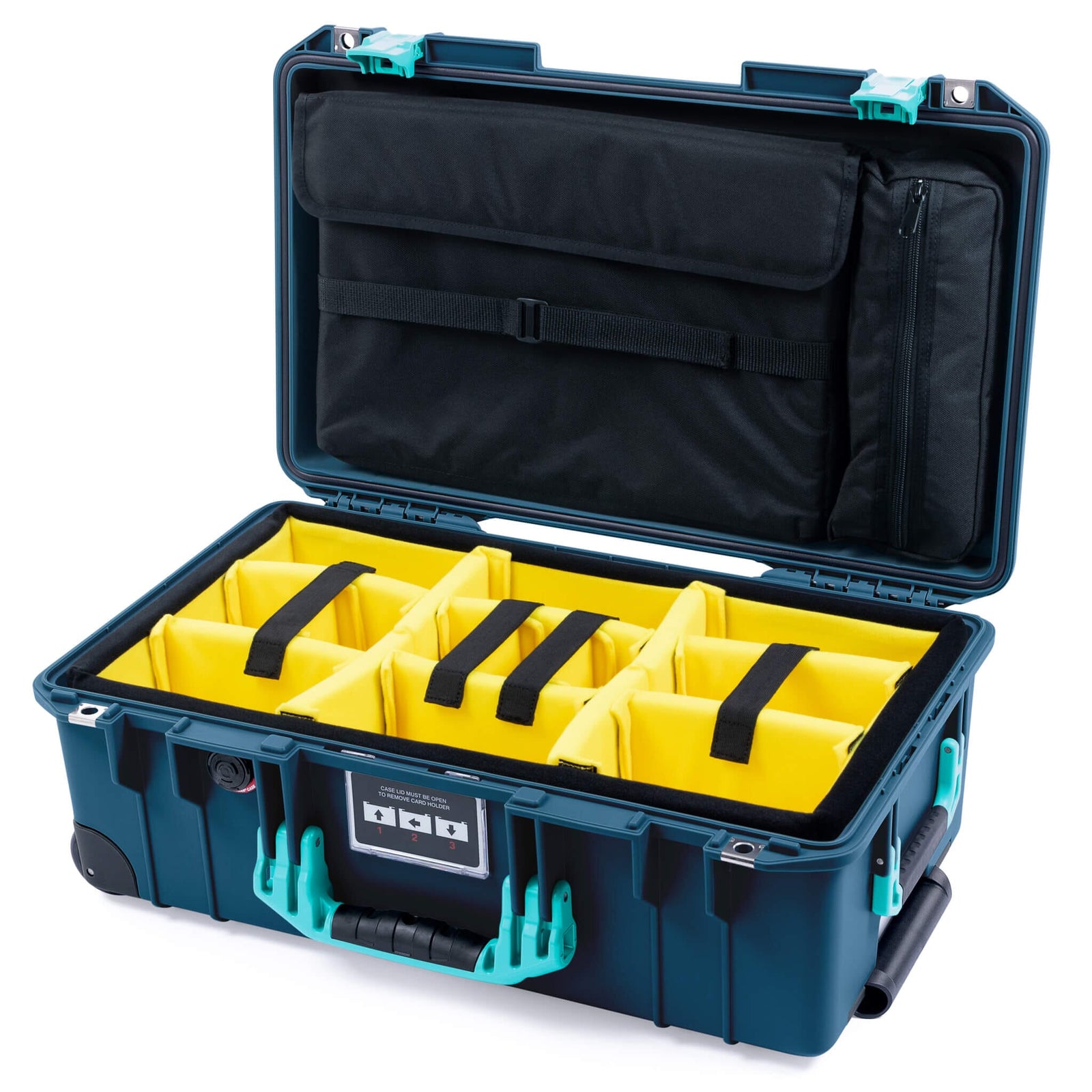 Pelican 1535 Air Case, Deep Pacific with Teal Handles & Latches Yellow Padded Microfiber Dividers with Laptop Computer Lid Pouch ColorCase 015350-0210-550-591