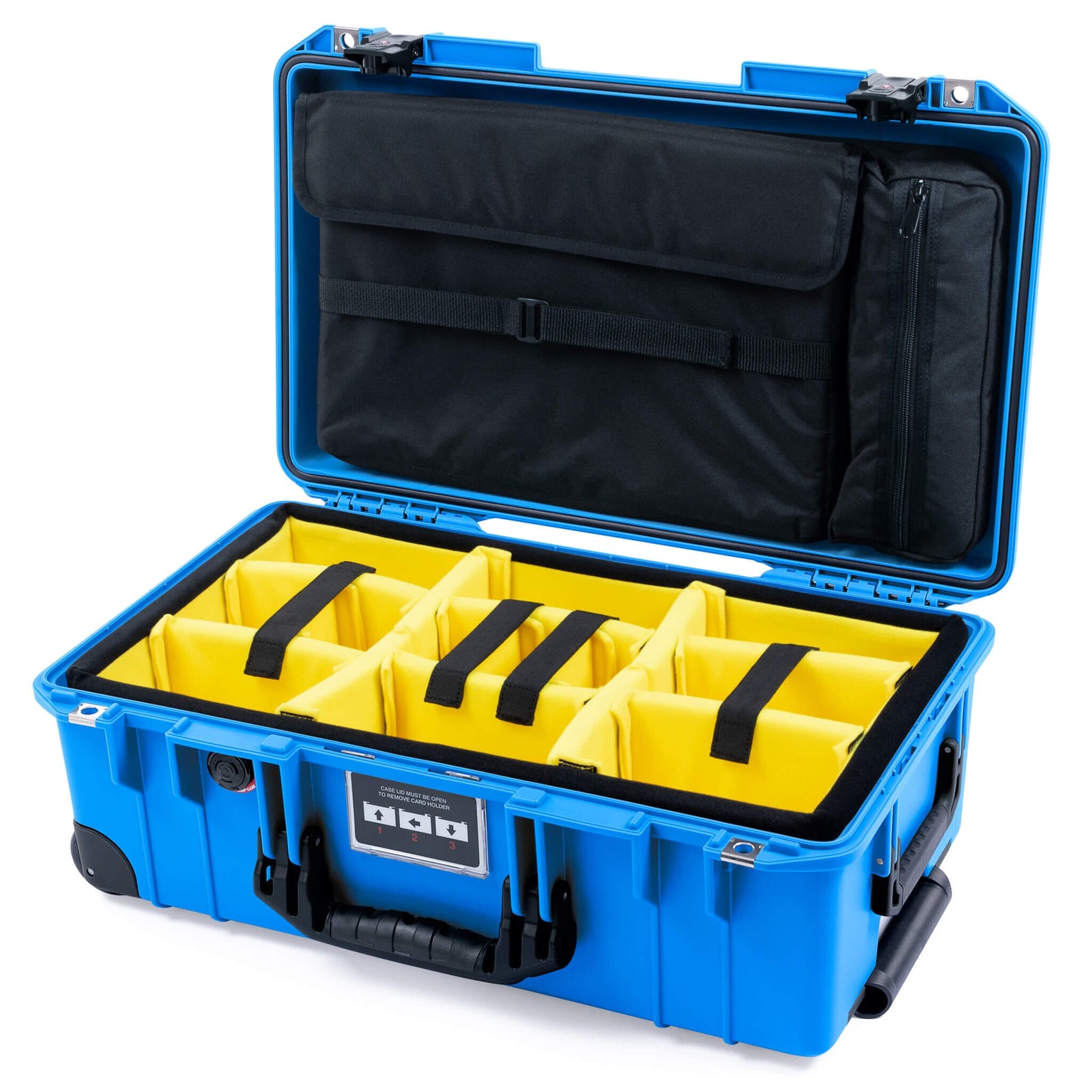 Pelican 1535 Air Case, Electric Blue with Black Handles, TSA Locking Latches & Trolley Yellow Padded Microfiber Dividers with Laptop Computer Lid Pouch ColorCase 015350-0210-120-L10-110