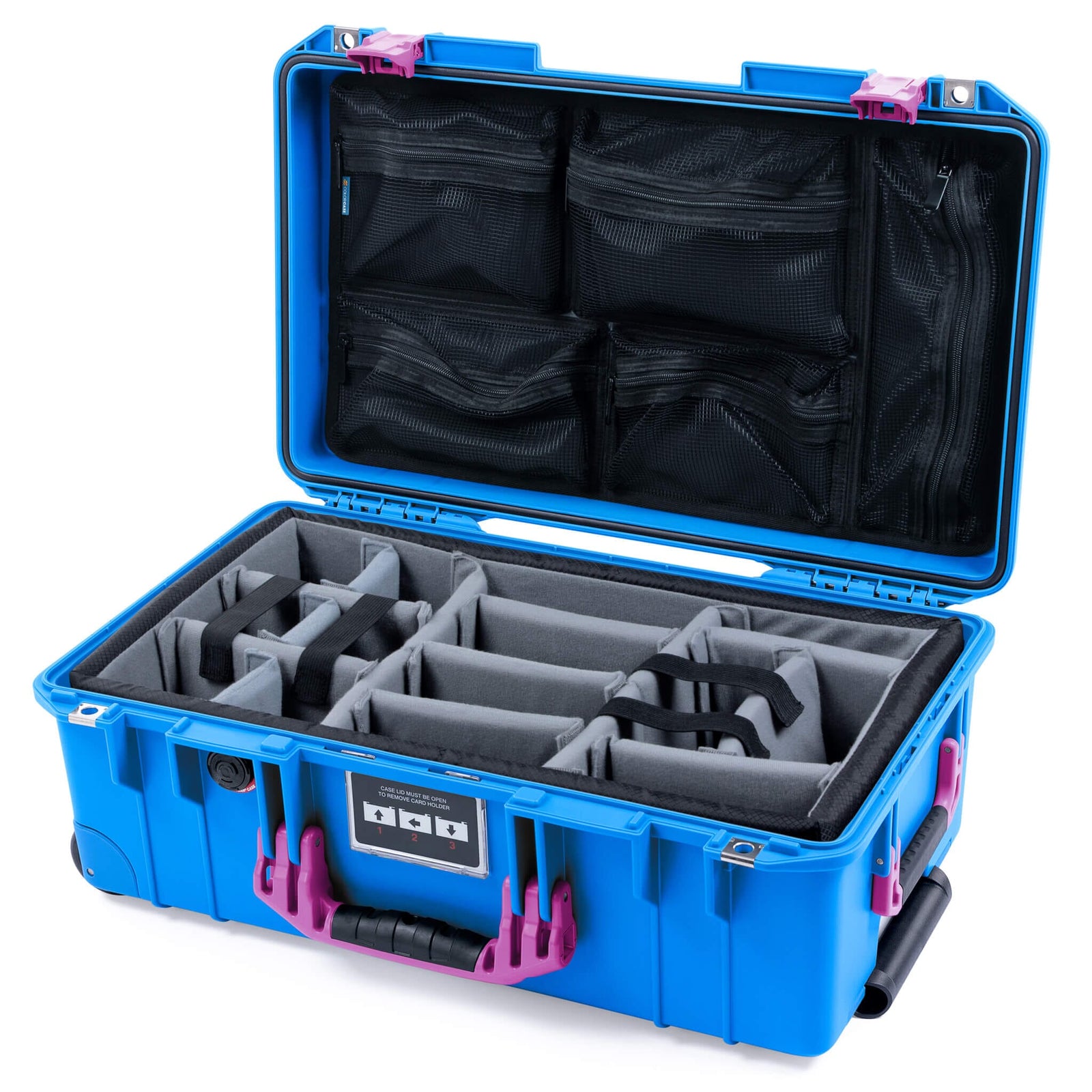 Pelican 1535 Air Case, Electric Blue with Magenta Handles & Latches Gray Padded Microfiber Dividers with Mesh Lid Organizer ColorCase 015350-0170-120-401