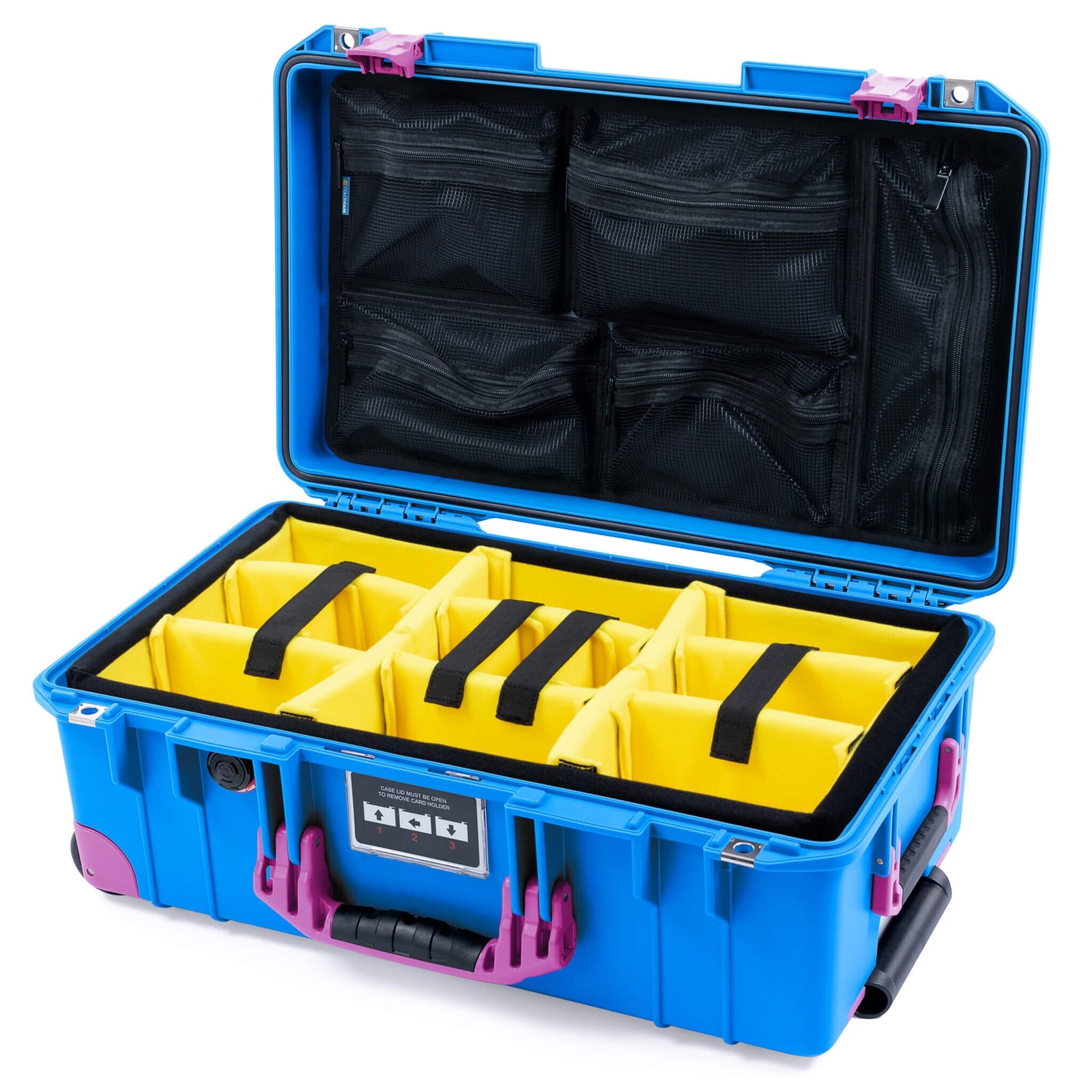 Pelican 1535 Air Case, Electric Blue with Magenta Handles, Latches & Trolley Yellow Padded Microfiber Dividers with Mesh Lid Organizer ColorCase 015350-0110-120-401-400