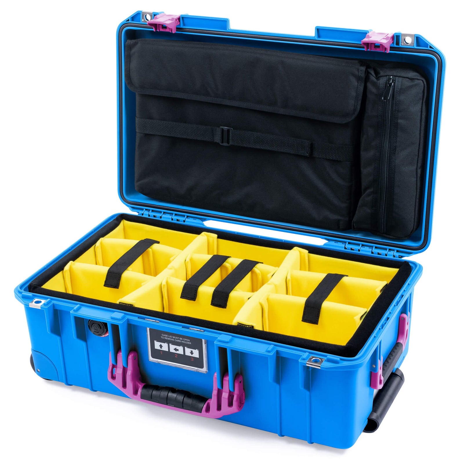 Pelican 1535 Air Case, Electric Blue with Magenta Handles & Latches Yellow Padded Microfiber Dividers with Laptop Computer Lid Pouch ColorCase 015350-0210-120-401