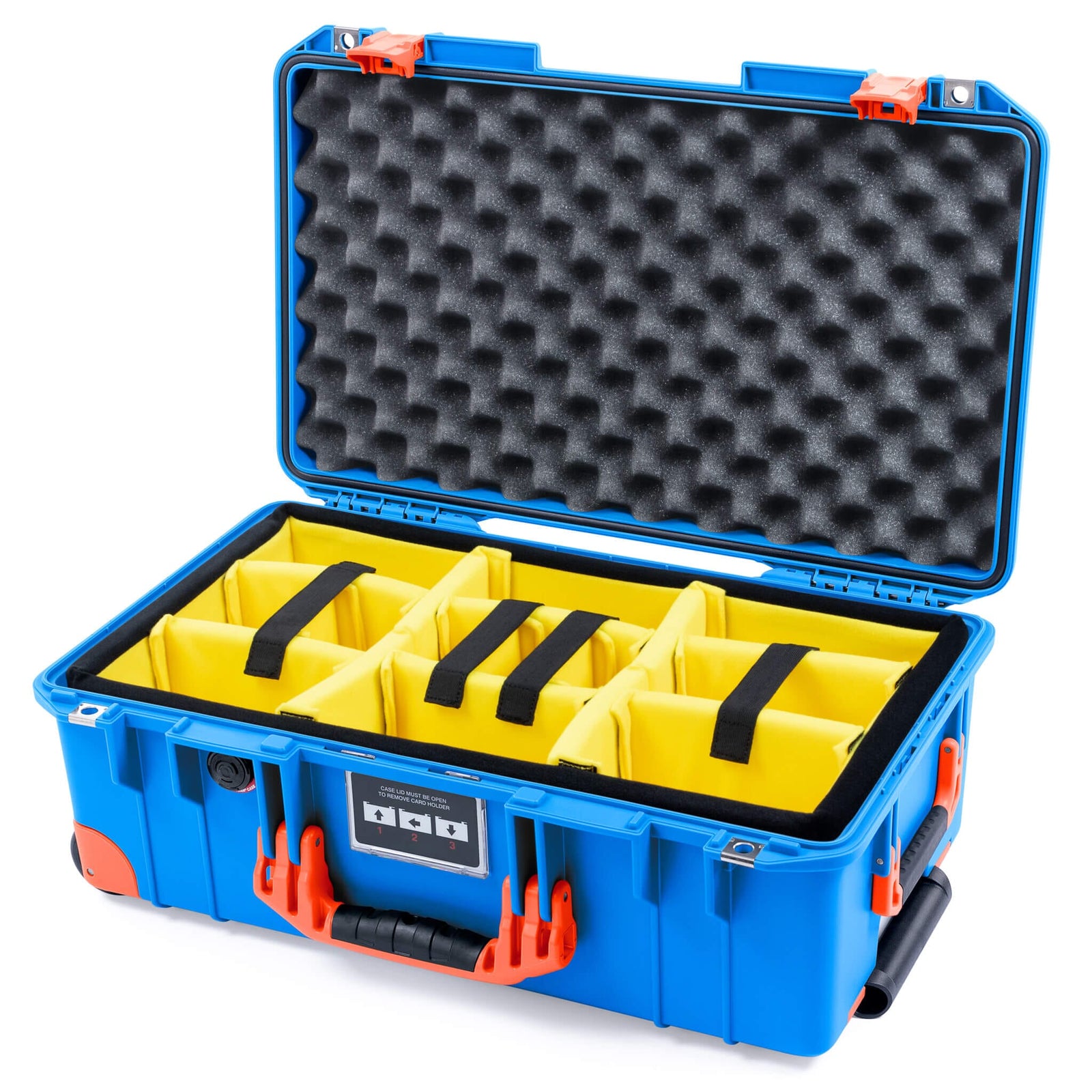 Pelican 1535 Air Case, Electric Blue with Orange Handles, Latches & Trolley Yellow Padded Microfiber Dividers with Convoluted Lid Foam ColorCase 015350-0010-120-151-150
