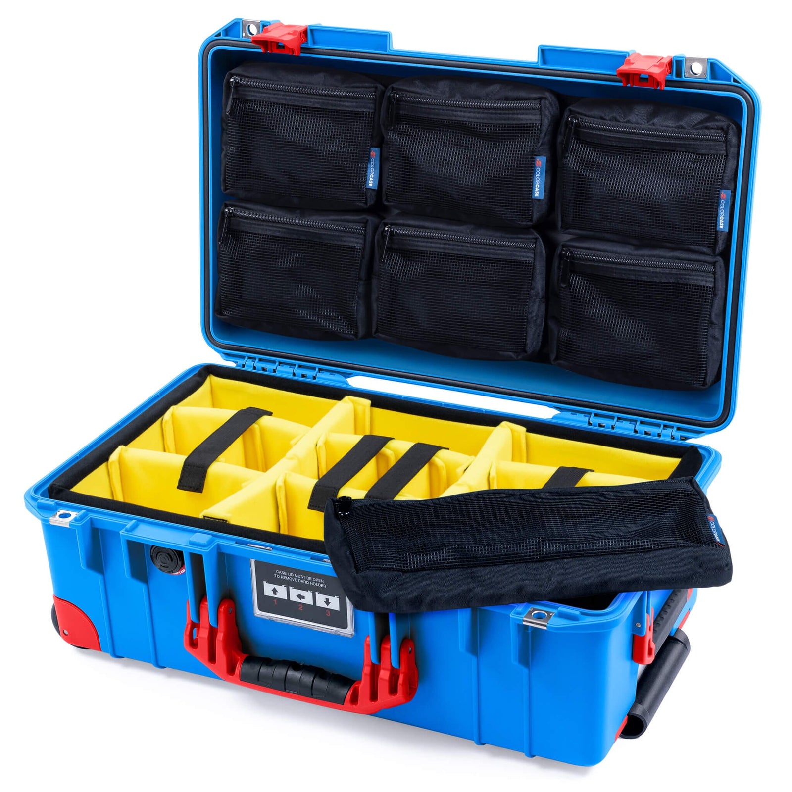 Pelican 1535 Air Case - Electric Blue & Red Trolley - Yellow Padded Microfiber Dividers / 7-Piece Removable Mesh Pouches