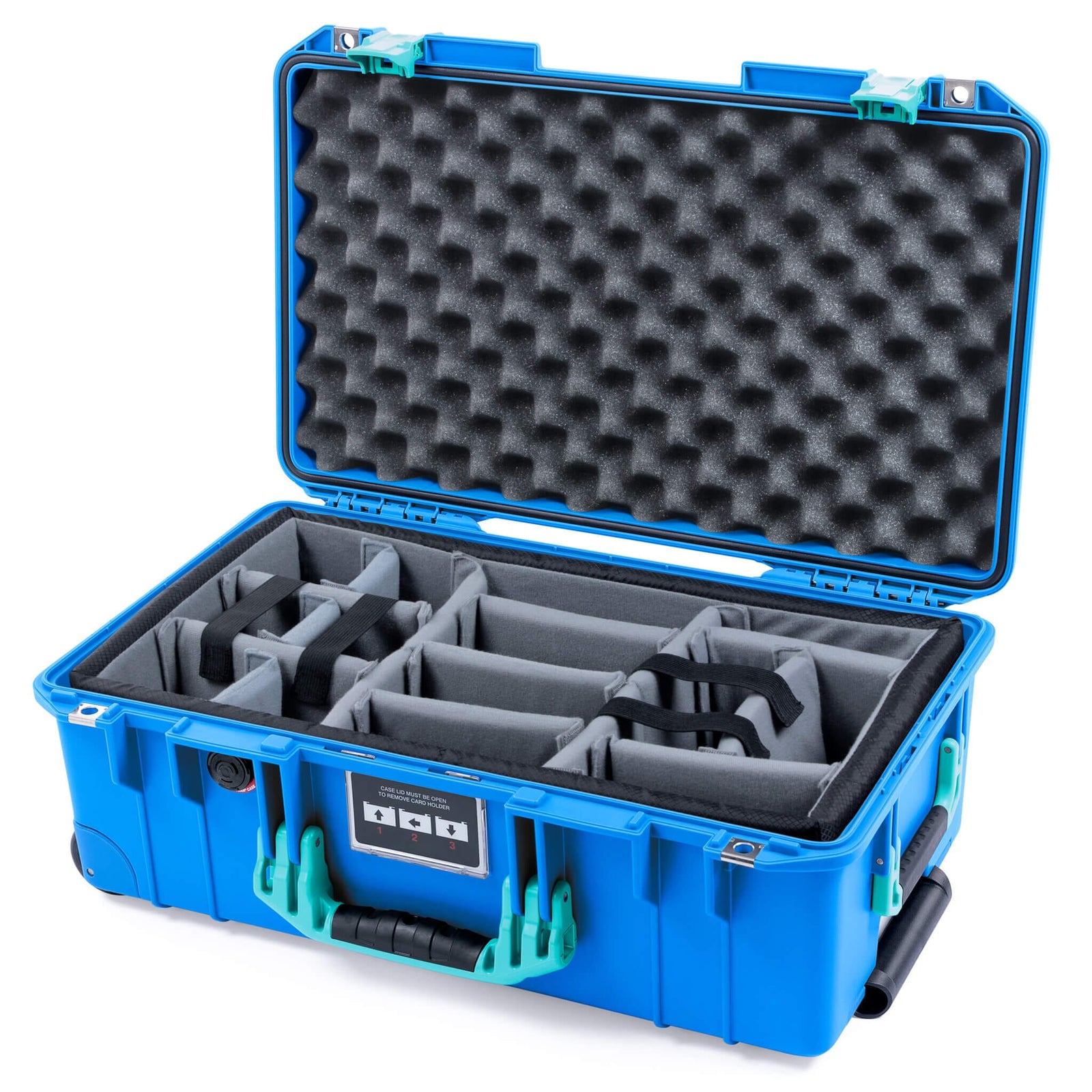 Pelican 1535 Air Case, Electric Blue with Teal Handles & Latches Gray Padded Microfiber Dividers with Convoluted Lid Foam ColorCase 015350-0070-120-591