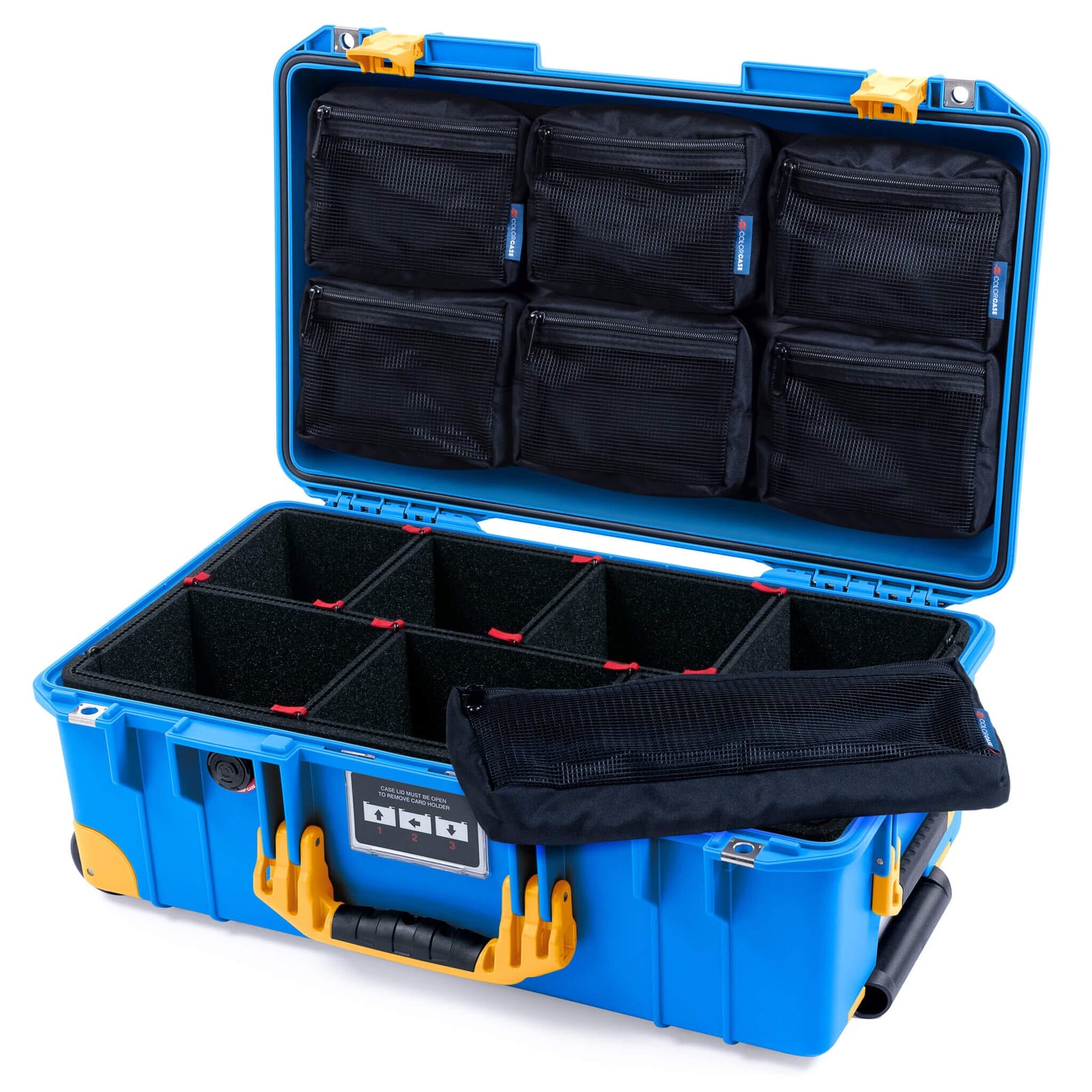 Pelican 1535 Air Case, Electric Blue with Yellow Handles, Latches & Trolley TrekPak Divider System with 7-Piece Removable Mesh Pouches ColorCase 015350-0720-120-241-240