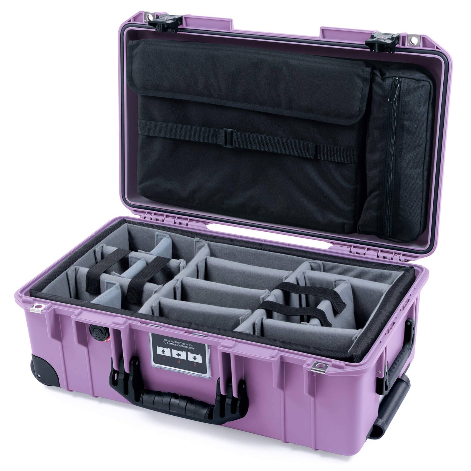 Pelican 1535 Air Case, Lilac with Black Handles, TSA Locking Latches & Trolley Gray Padded Microfiber Dividers with Laptop Computer Lid Pouch ColorCase 015350-0270-540-L10-110