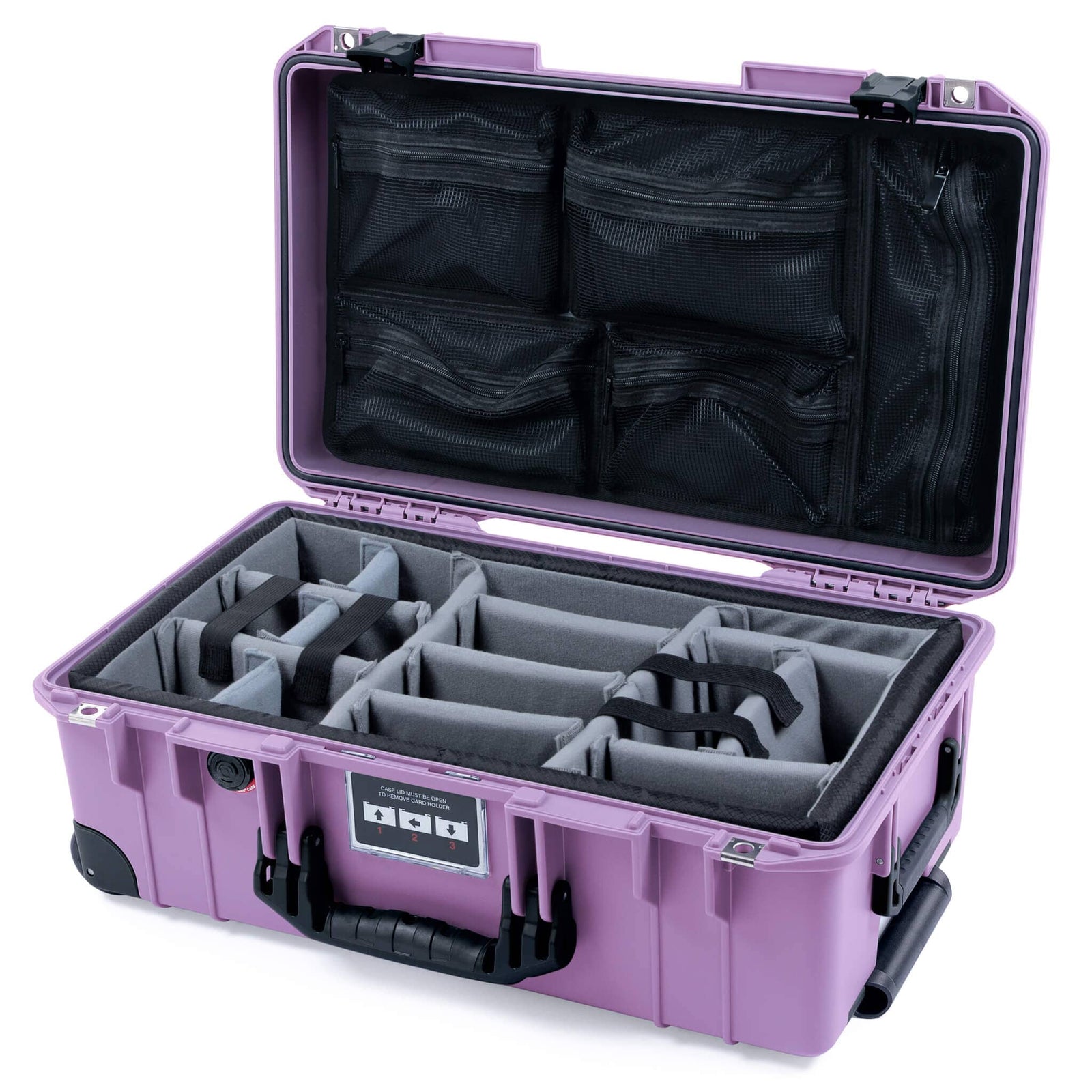Pelican 1535 Air Case, Lilac with Black Handles, Latches & Trolley Gray Padded Microfiber Dividers with Mesh Lid Organizer ColorCase 015350-0170-540-111-110