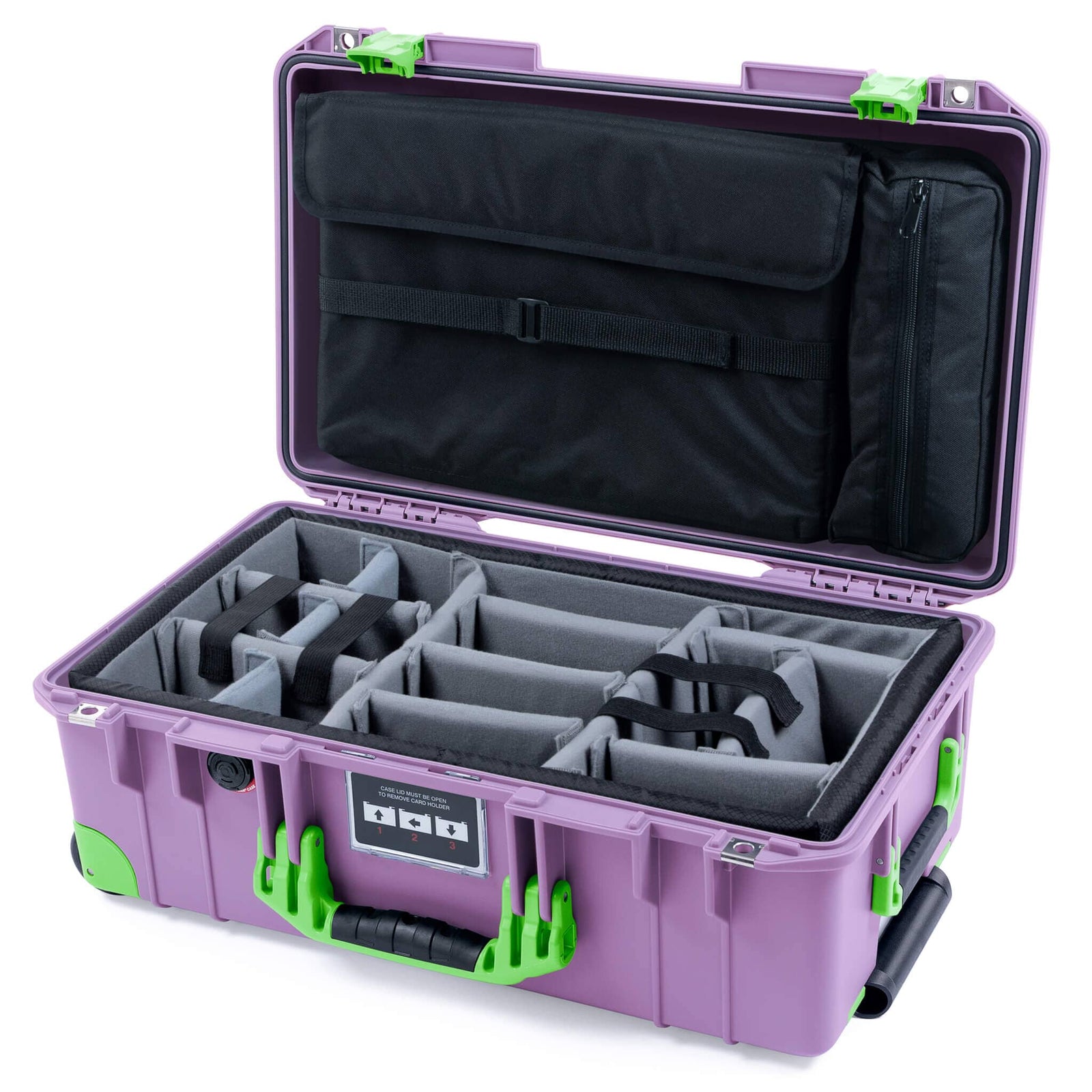 Pelican 1535 Air Case, Lilac with Lime Green Handles, Latches & Trolley Gray Padded Microfiber Dividers with Laptop Computer Lid Pouch ColorCase 015350-0270-540-301-300