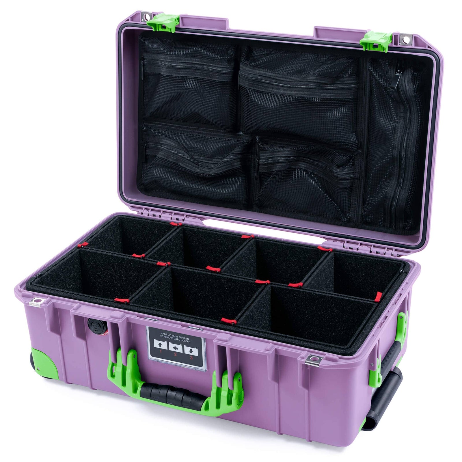 Pelican 1535 Air Case, Lilac with Lime Green Handles, Latches & Trolley TrekPak Divider System with Mesh Lid Organizer ColorCase 015350-0120-540-301-300