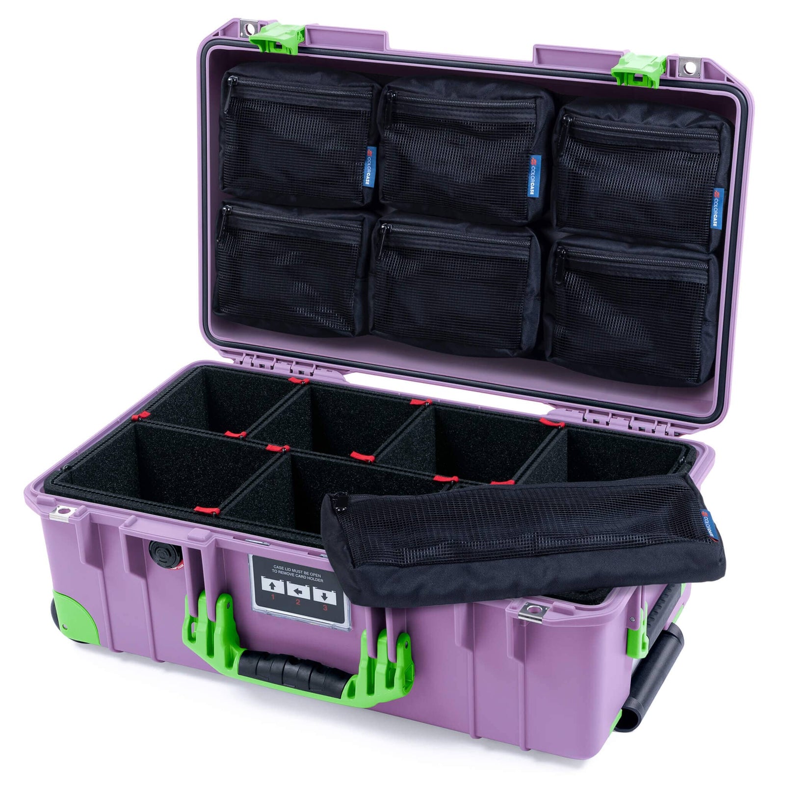 Pelican 1535 Air Case, Lilac with Lime Green Handles, Latches & Trolley TrekPak Divider System with 7-Piece Removable Mesh Pouches ColorCase 015350-0270-540-301-300
