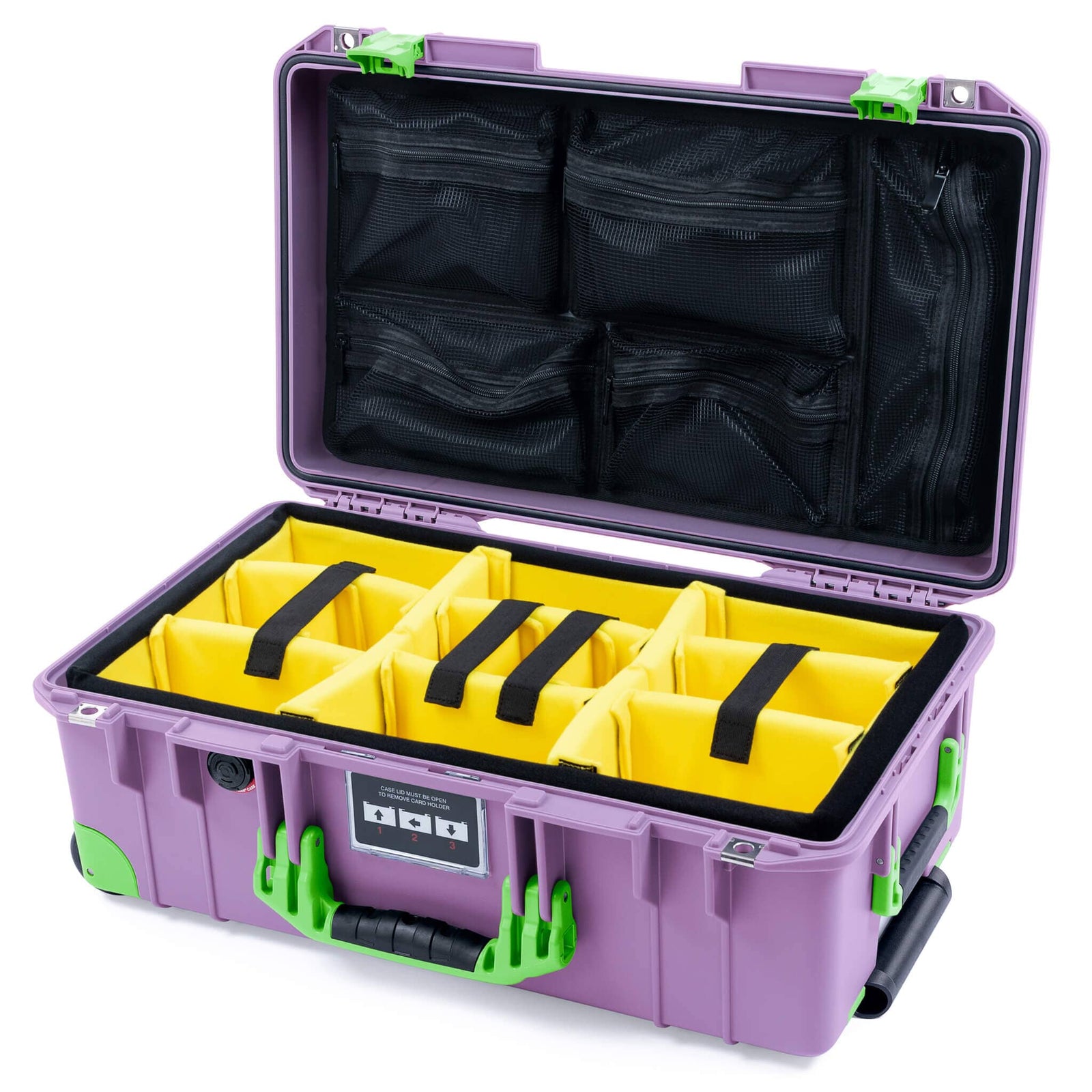 Pelican 1535 Air Case, Lilac with Lime Green Handles, Latches & Trolley Yellow Padded Microfiber Dividers with Mesh Lid Organizer ColorCase 015350-0110-540-301-300