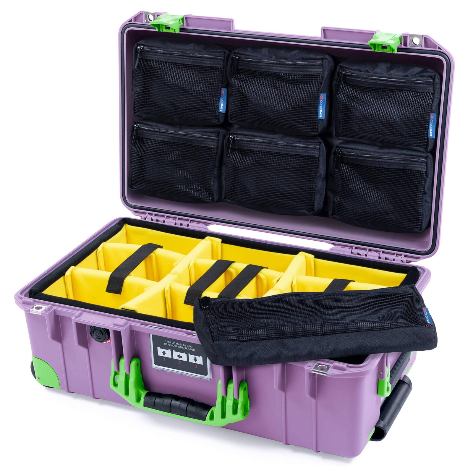 Pelican 1535 Air Case, Lilac with Lime Green Handles, Latches & Trolley Yellow Padded Microfiber Dividers with 7-Piece Removable Mesh Pouches ColorCase 015350-0710-540-301-300