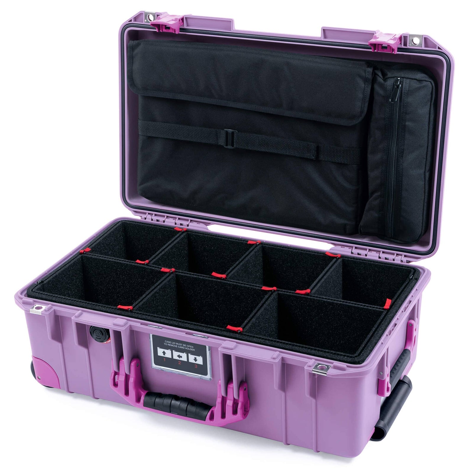 Pelican 1535 Air Case, Lilac with Magenta Handles, Latches & Trolley TrekPak Divider System with Laptop Computer Lid Pouch ColorCase 015350-0220-540-401-400