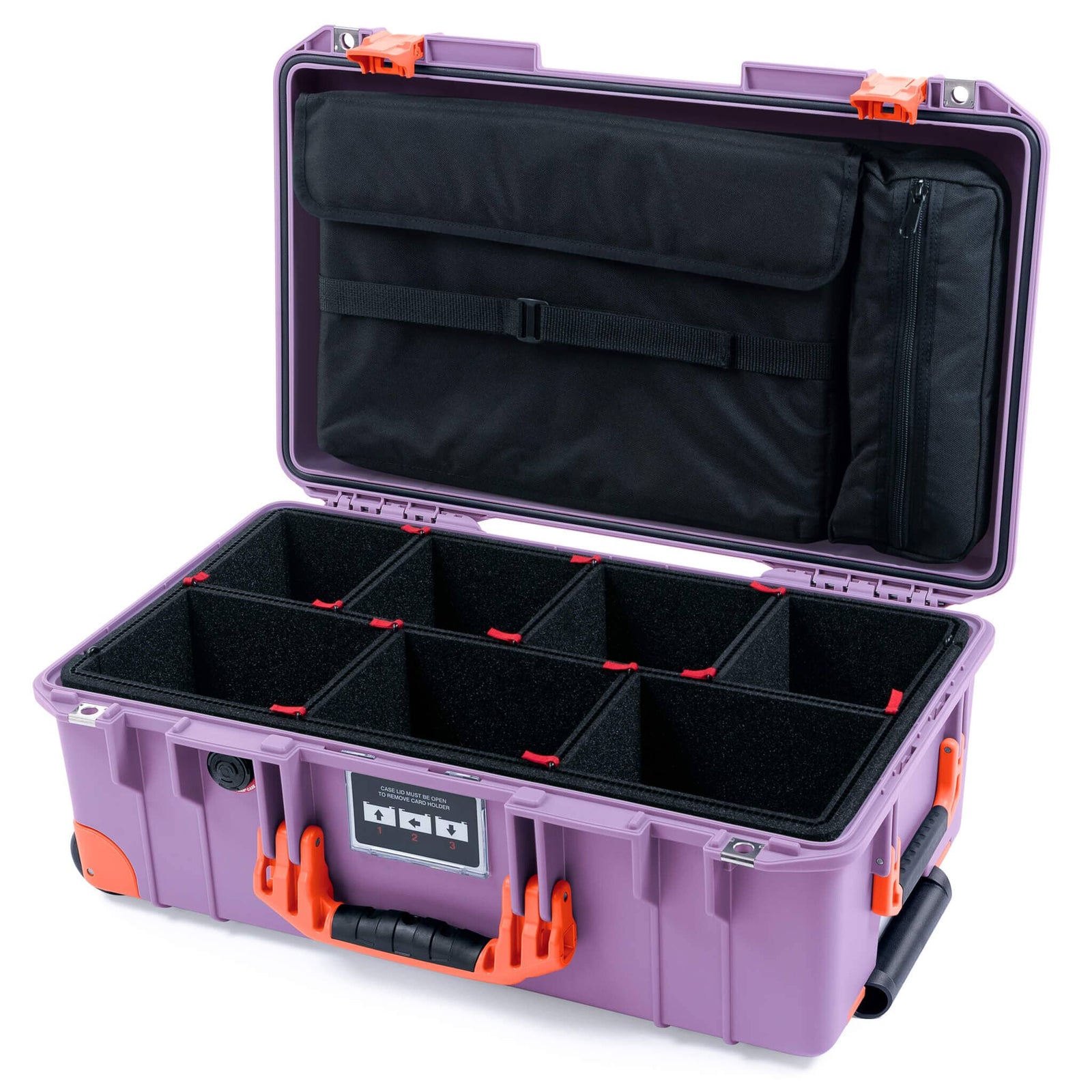 Pelican 1535 Air Case, Lilac with Orange Handles, Latches & Trolley TrekPak Divider System with Laptop Computer Lid Pouch ColorCase 015350-0220-540-151-150