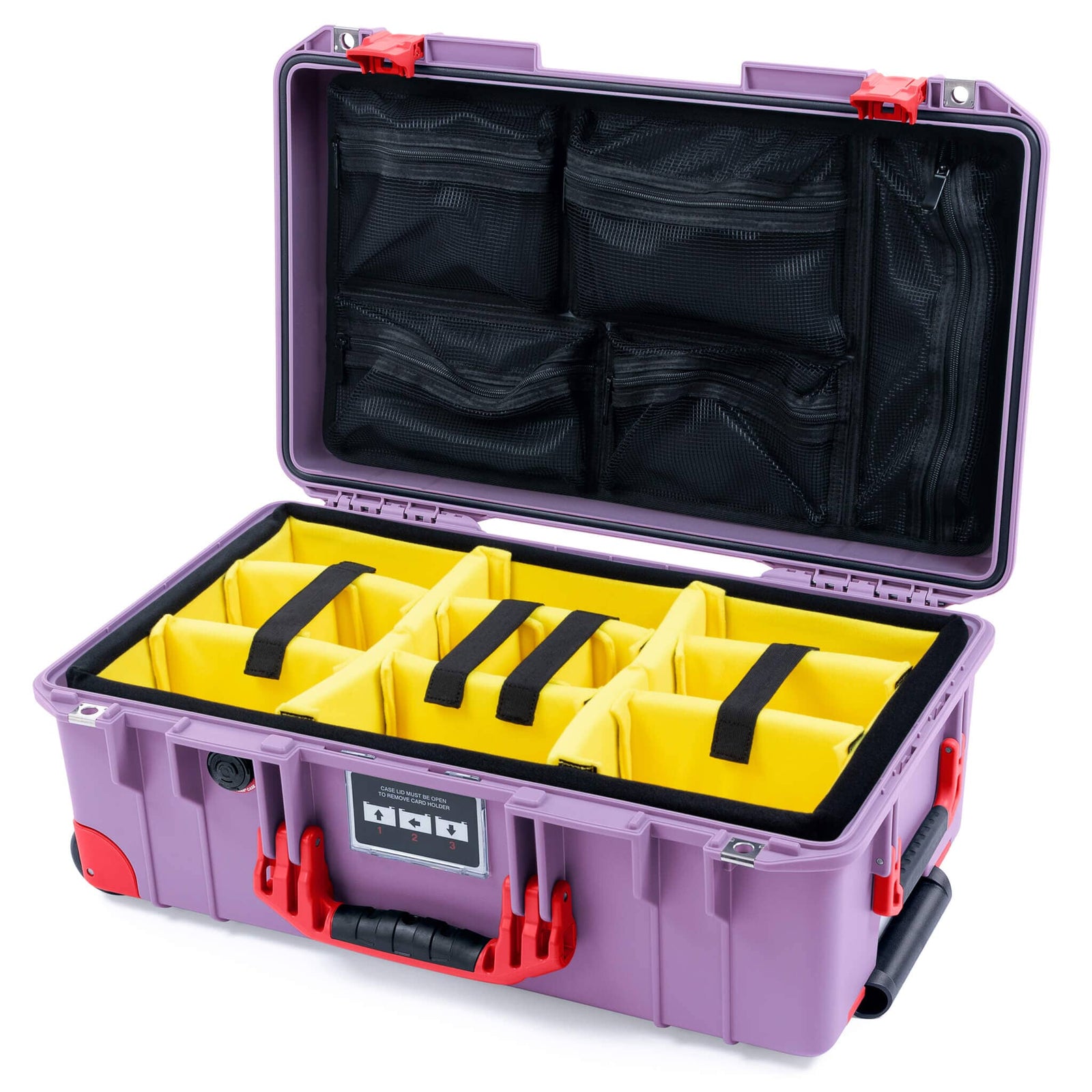 Pelican 1535 Air Case, Lilac with Red Handles, Latches & Trolley Yellow Padded Microfiber Dividers with Mesh Lid Organizer ColorCase 015350-0110-540-321-320