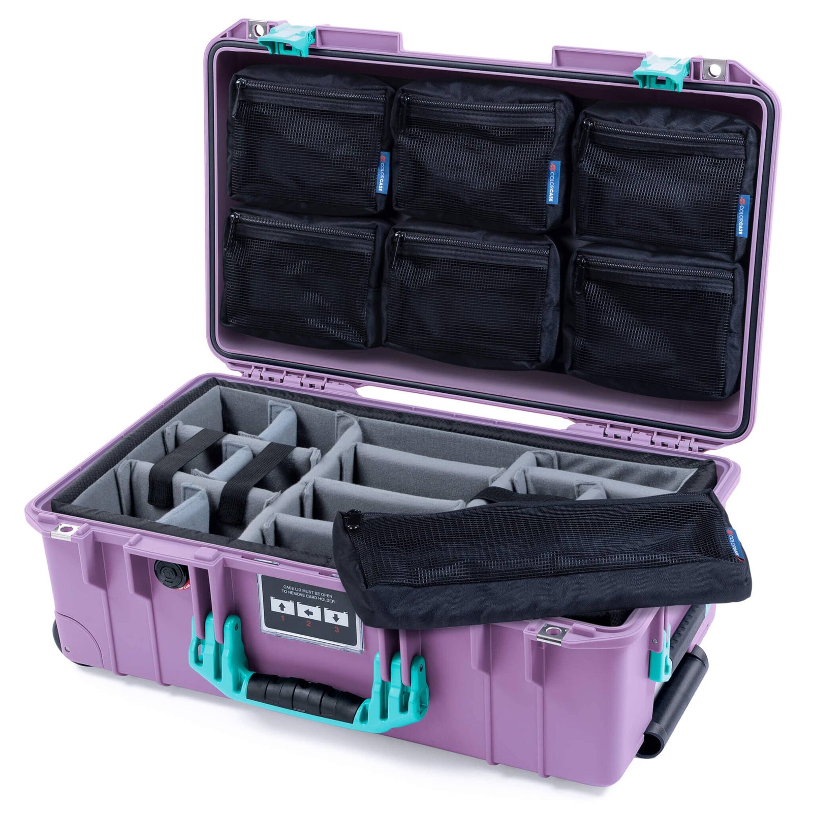 Pelican 1535 Air Case, Lilac with Teal Handles & Latches Gray Padded Microfiber Dividers with 7-Piece Removable Mesh Pouches ColorCase 015350-0770-540-591
