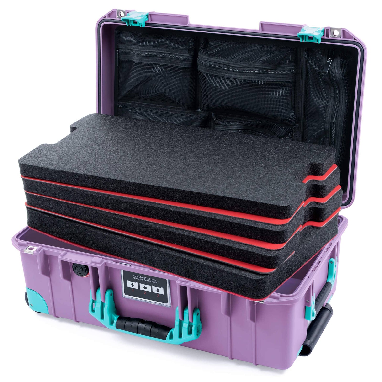 Pelican 1535 Air Case, Lilac with Teal Handles, Latches & Trolley Custom Tool Kit (4 Foam Inserts with Mesh Lid Organizer) ColorCase 015350-0160-540-591-590