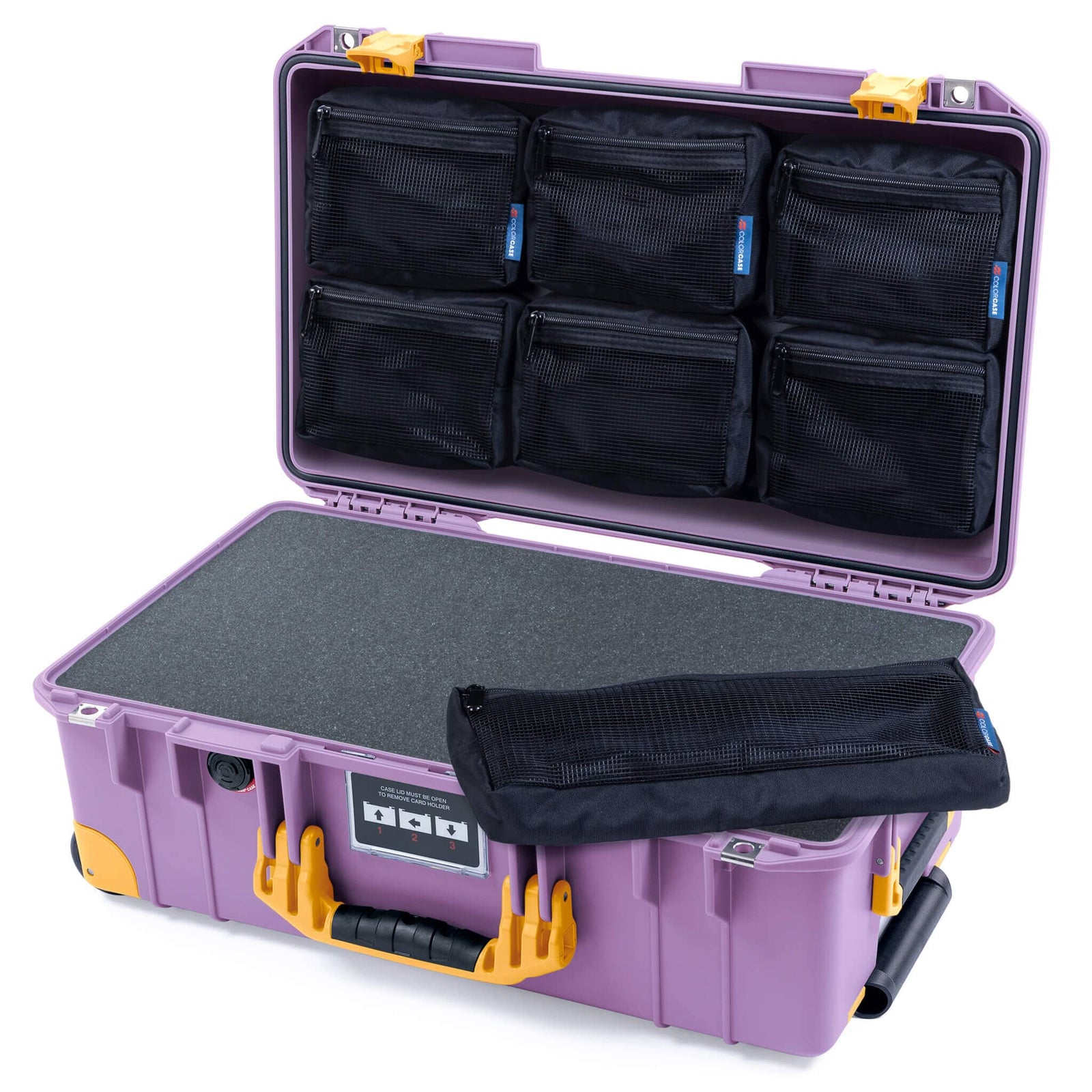 Pelican 1535 Air Case, Lilac with Yellow Handles, Latches & Trolley Pick & Pluck Foam with 7-Piece Removable Mesh Pouches ColorCase 015350-0701-540-241-240