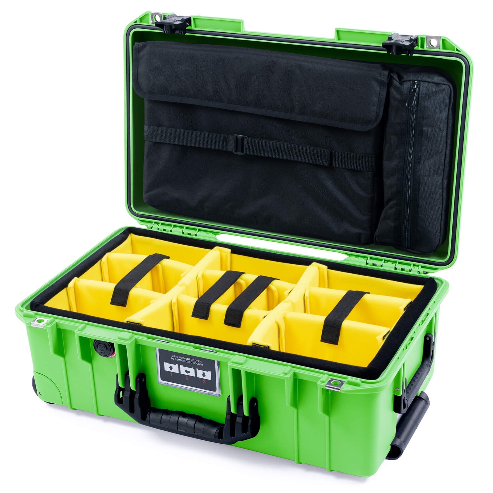 Pelican 1535 Air Carry - on Case - Lime Green & Black TSA Latches - Yellow Padded Microfiber Dividers / Computer Lid Pouch