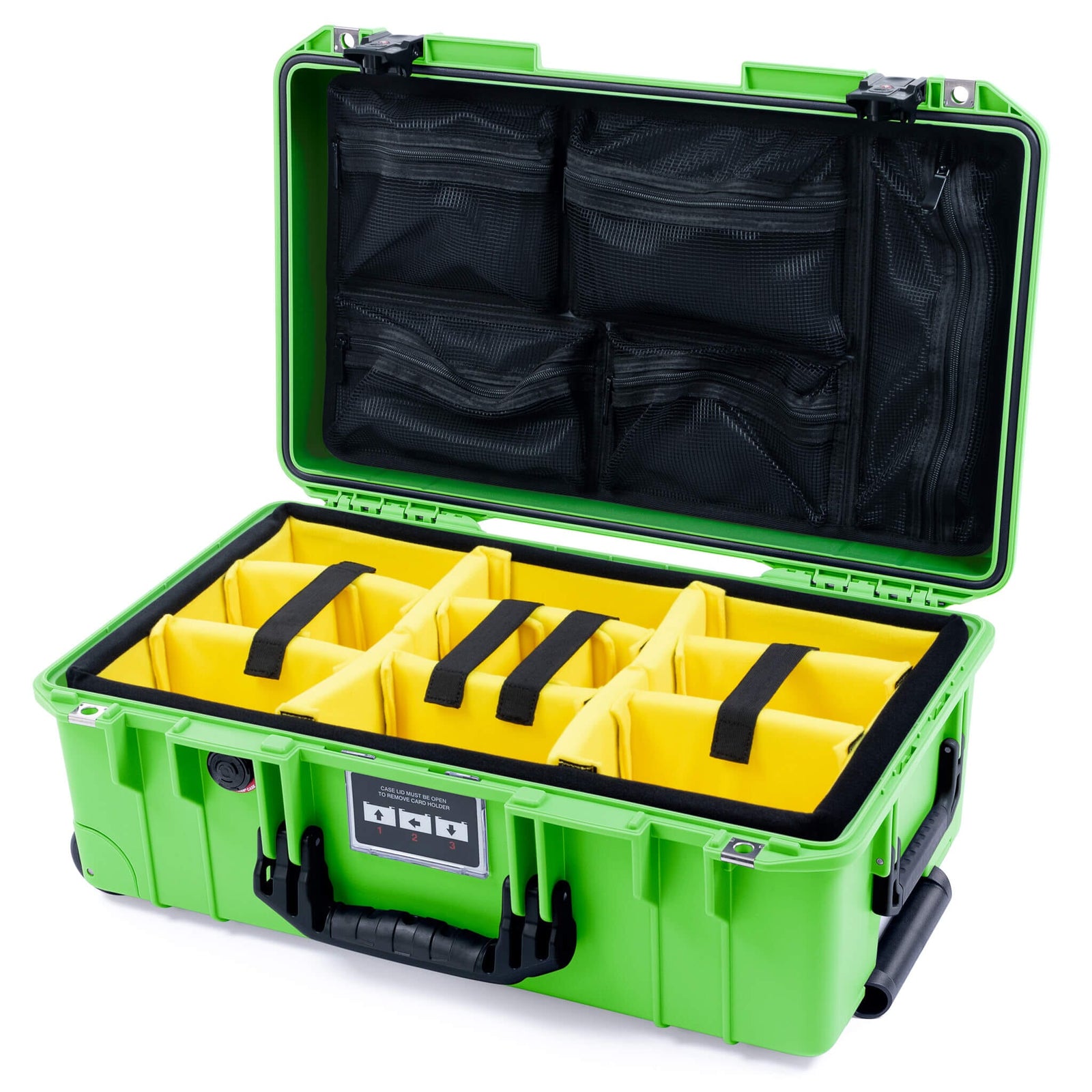 Pelican 1535 Air Carry - on Case - Lime Green & Black TSA Latches - Yellow Padded Microfiber Dividers / Mesh Lid Organizer