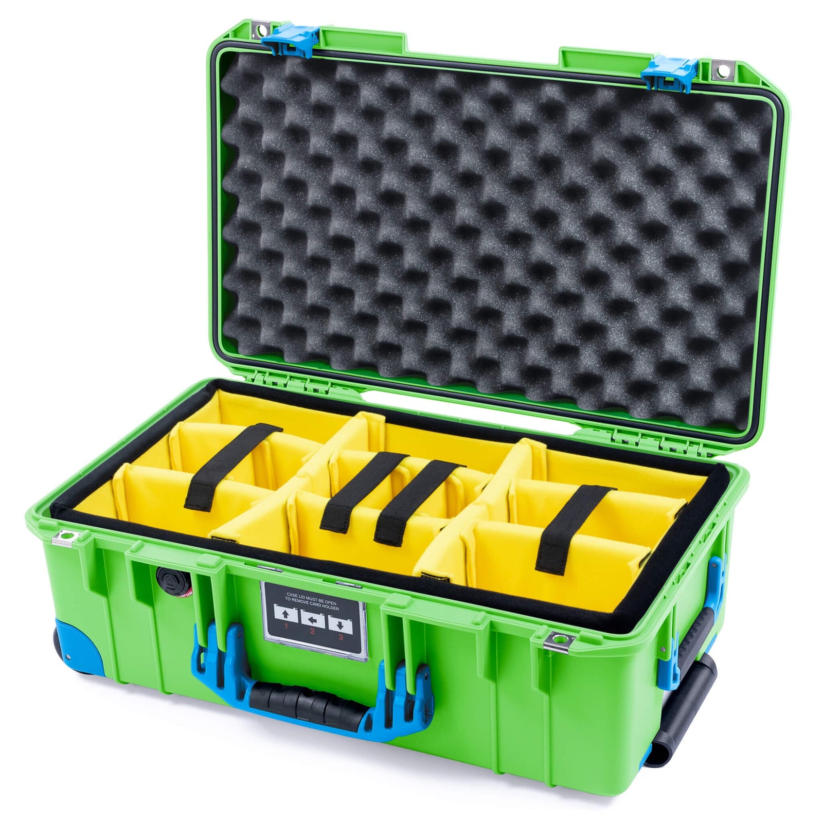 Pelican 1535 Air Carry - on Case - Lime Green & Blue Trolley - Yellow Padded Microfiber Dividers / Convoluted Lid Foam