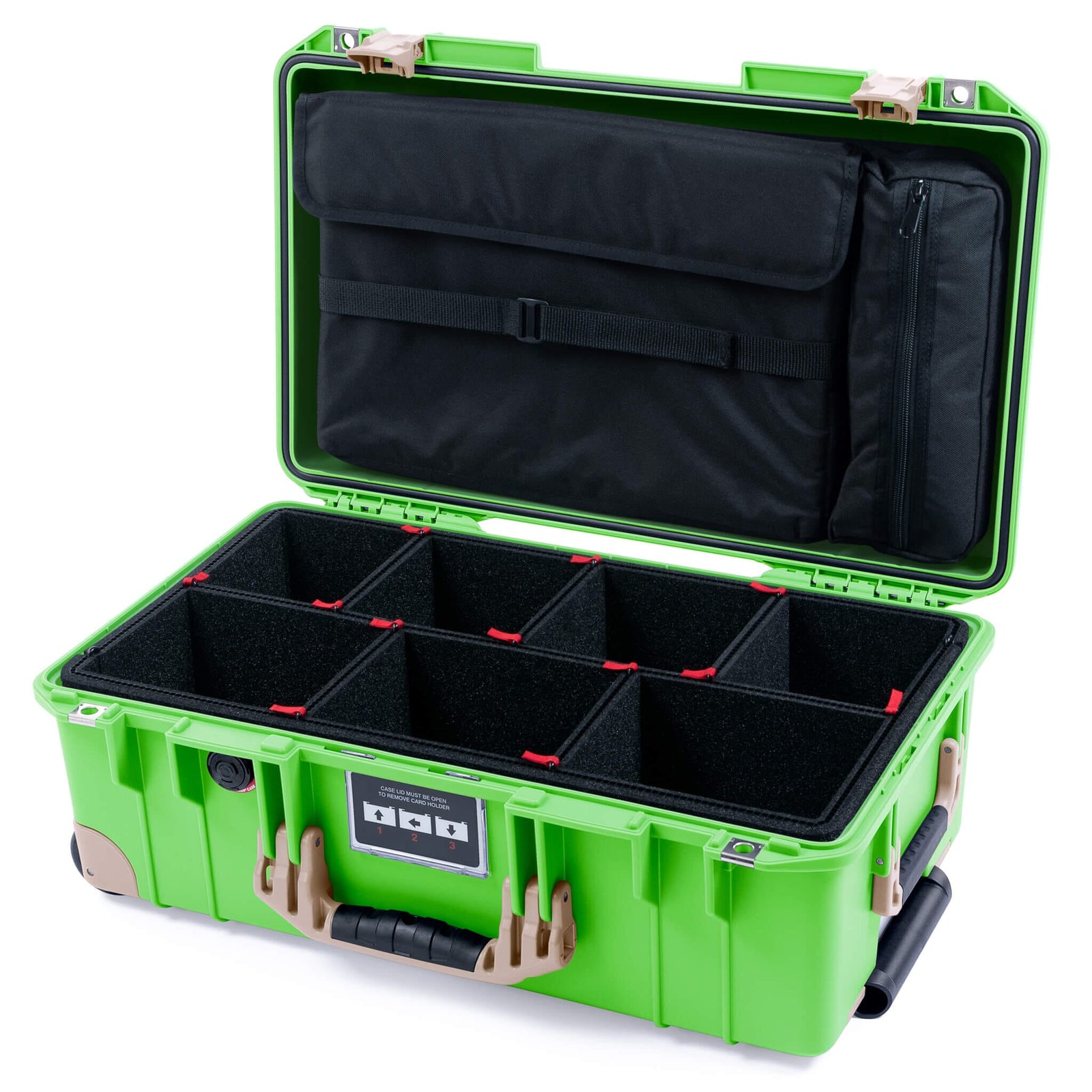 Pelican 1535 Air Carry - on Case - Lime Green & Desert Tan Trolley - TrekPak Divider System / Computer Lid Pouch