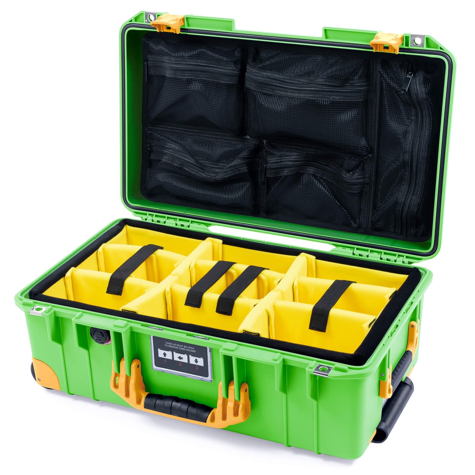 Pelican 1535 Air Carry-on Case - Lime Green & Yellow Trolley - Yellow Padded Microfiber Dividers / Mesh Lid Organizer