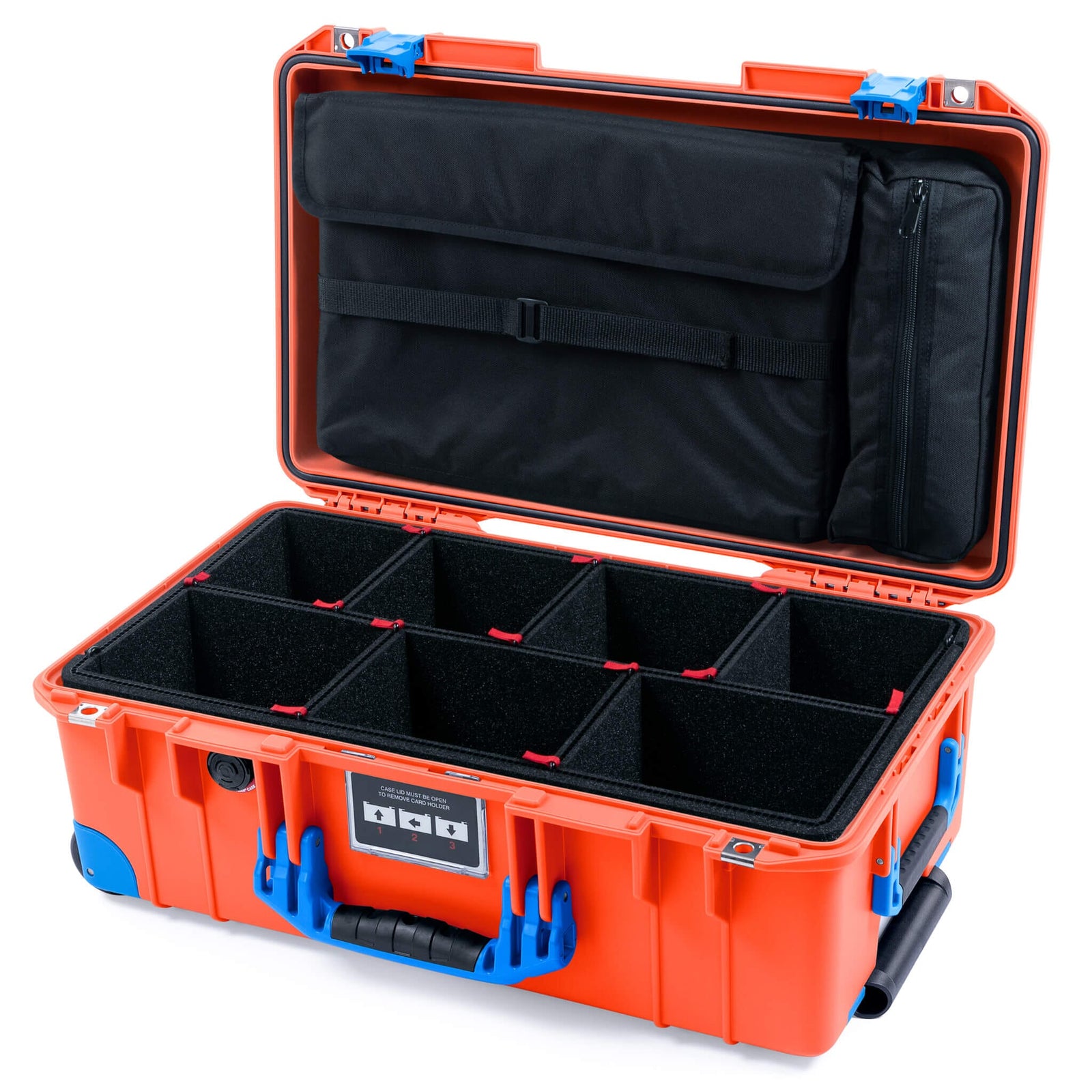 Pelican 1535 Air Case, Orange with Blue Handles, Latches & Trolley TrekPak Divider System with Laptop Computer Lid Pouch ColorCase 015350-0220-150-121-120