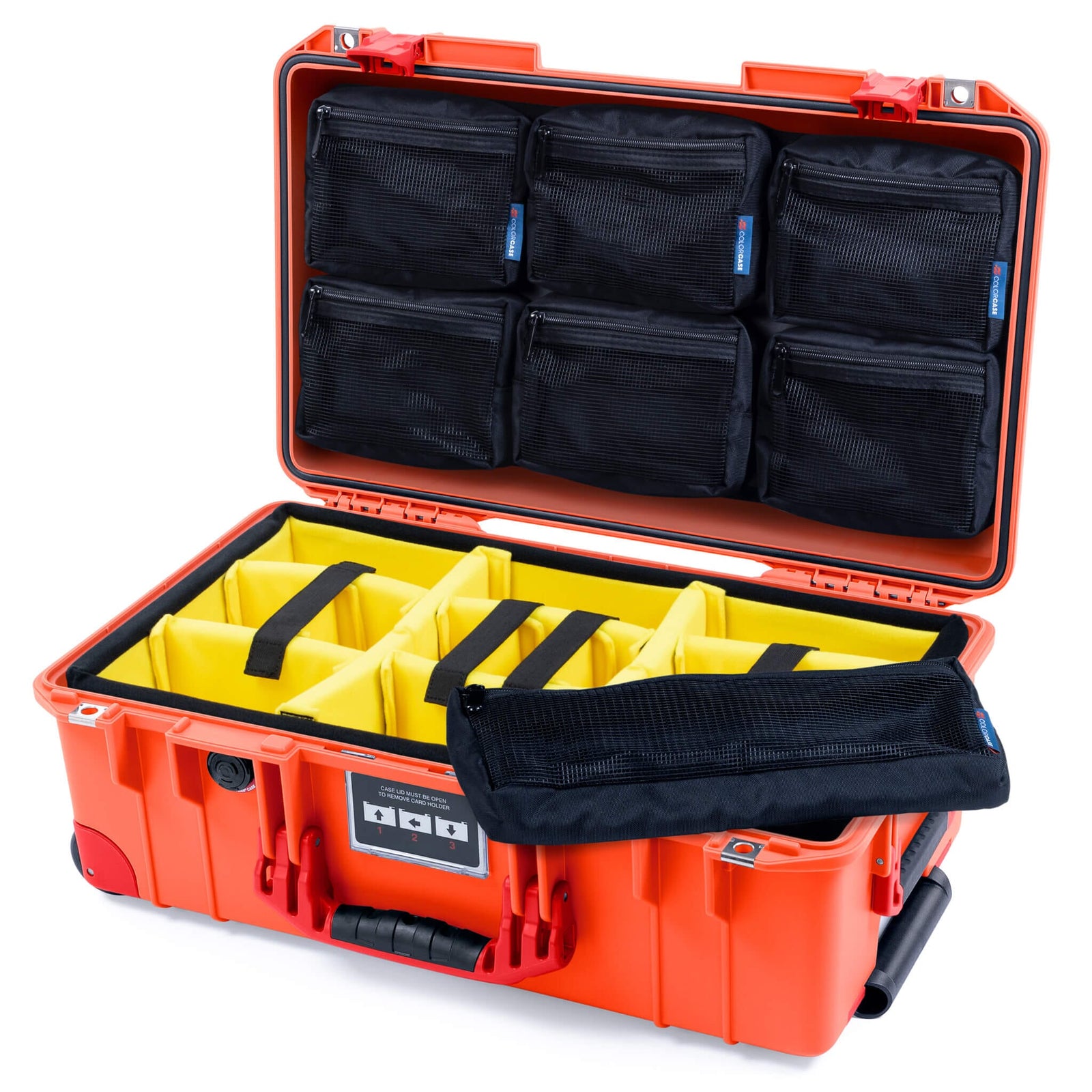 Pelican 1535 Air Case, Orange with Red Handles, Latches & Trolley Yellow Padded Microfiber Dividers with 7-Piece Removable Mesh Pouches ColorCase 015350-0710-150-321-320