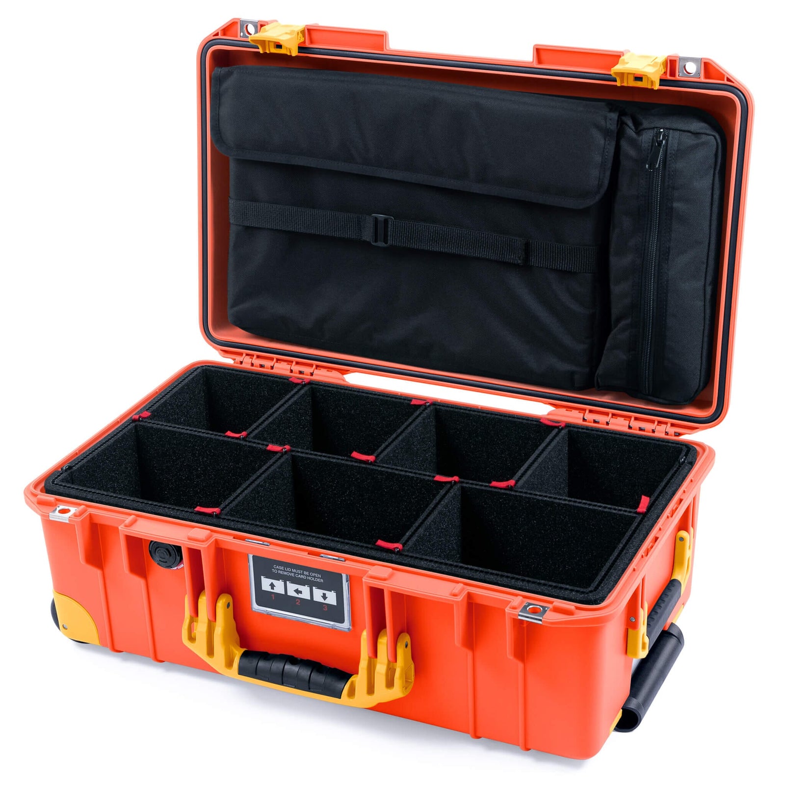 Pelican 1535 Air Case, Orange with Yellow Handles, Latches & Trolley TrekPak Divider System with Laptop Computer Lid Pouch ColorCase 015350-0220-150-241-240