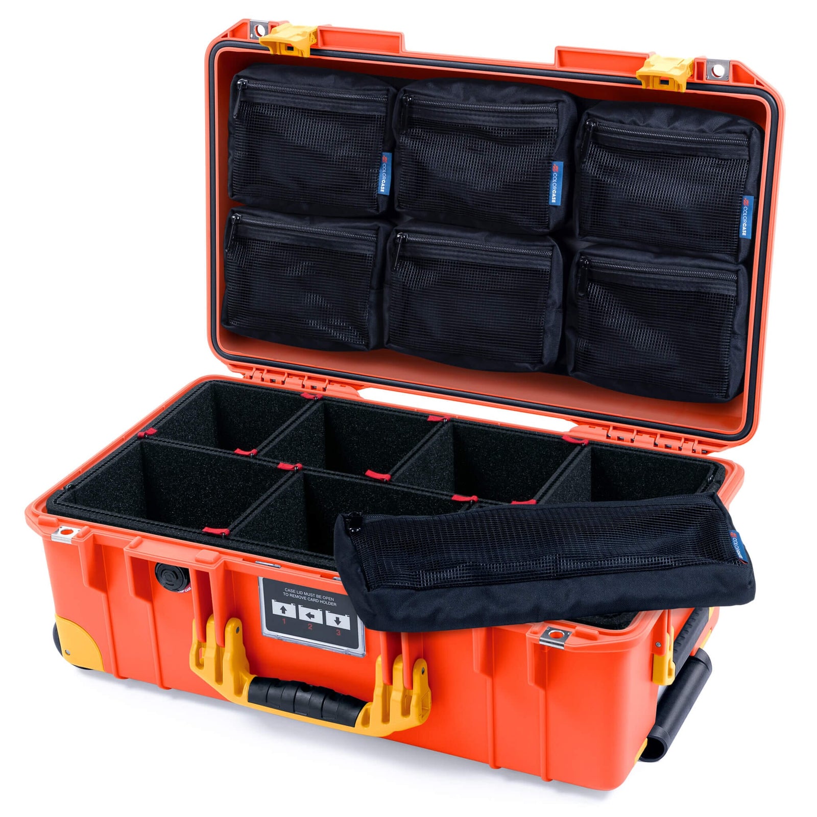 Pelican 1535 Air Case, Orange with Yellow Handles, Latches & Trolley TrekPak Divider System with 7-Piece Removable Mesh Pouches ColorCase 015350-0720-150-241-240