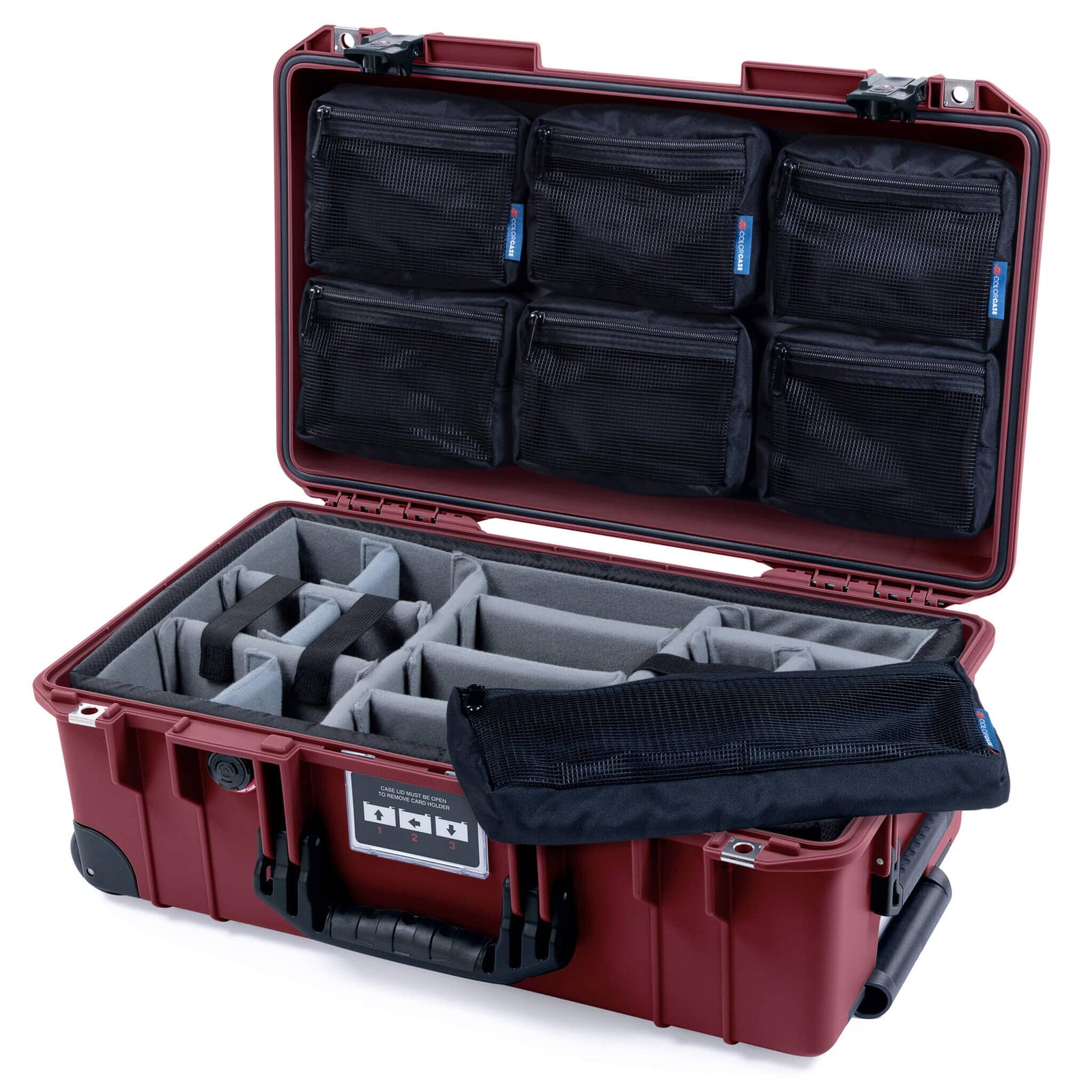Pelican 1535 Air Case, Oxblood with Black Handles, TSA Locking Latches & Trolley Gray Padded Microfiber Dividers with 7-Piece Removable Mesh Pouches ColorCase 015350-0770-510-L10-110